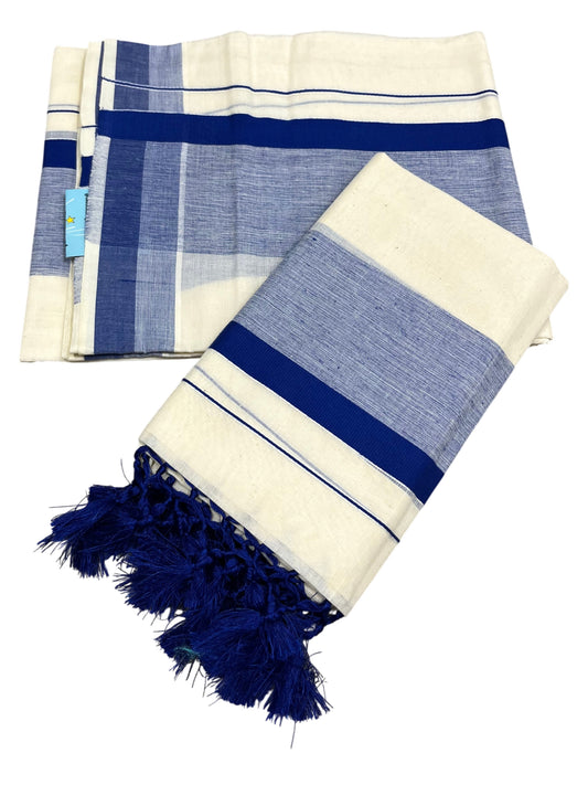 Southloom Kerala Cotton Mundum Neriyathum Single (Set Mundu) with Blue Border 2.80 Mtrs