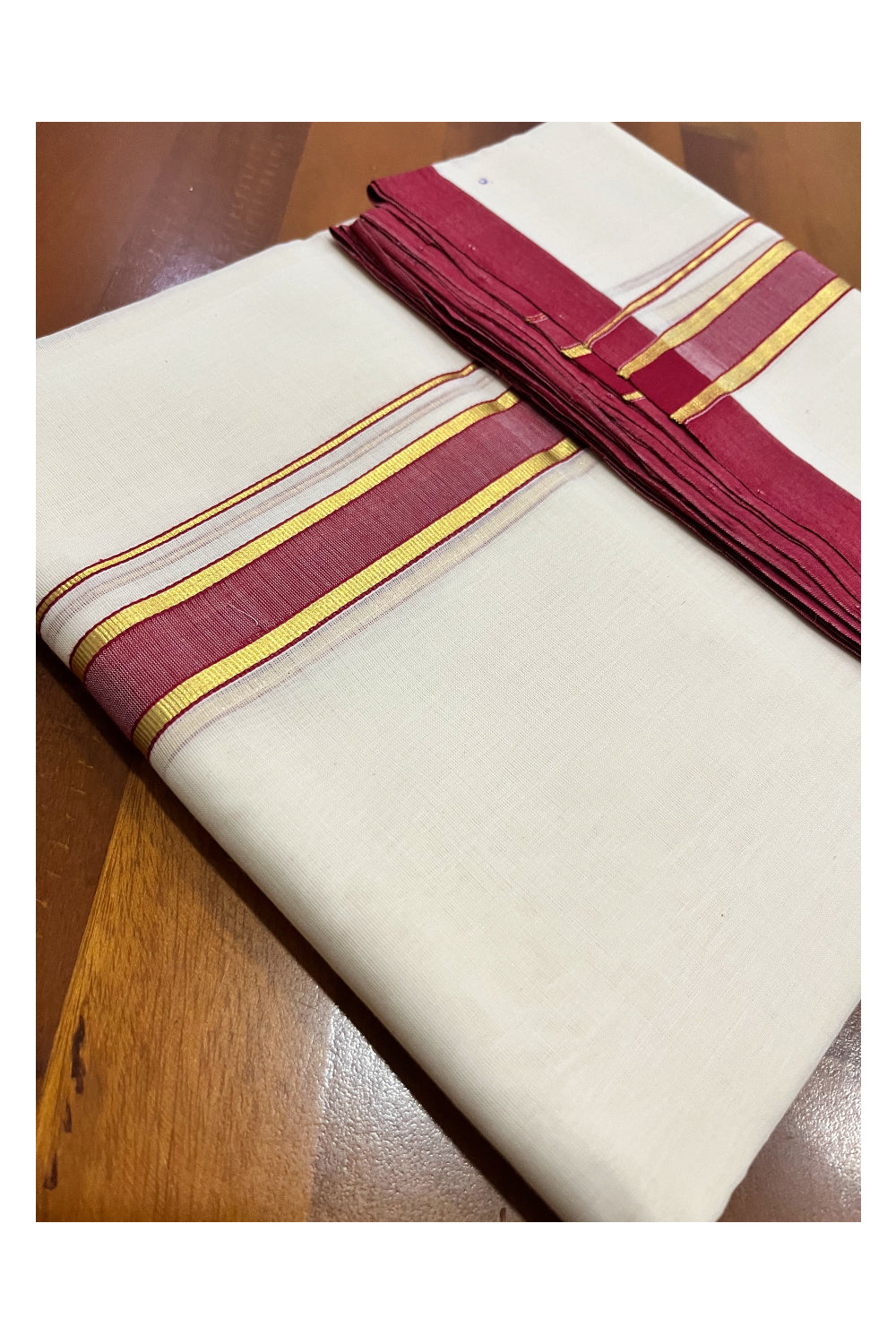 Southloom Premium Balaramapuram Unakkupaavu Handloom Kasavu Mundu with Maroon Border (South Indian Kerala Dhoti)