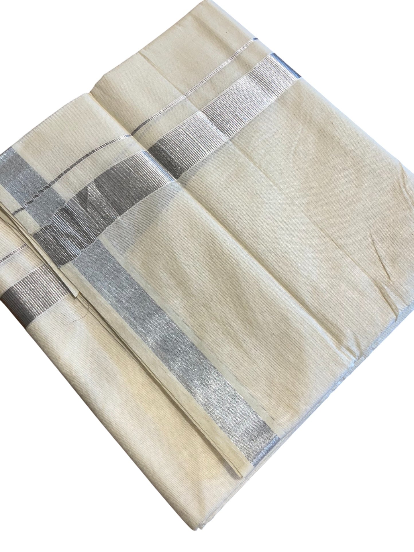 Off White Pure Cotton Double Mundu With Silver Kasavu Kara 1 Inches (South Indian Kerala Dhoti)