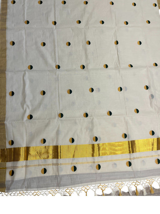 Southloom Cotton Kasavu Saree with Gold And Green Polka Dot Prints Across Body