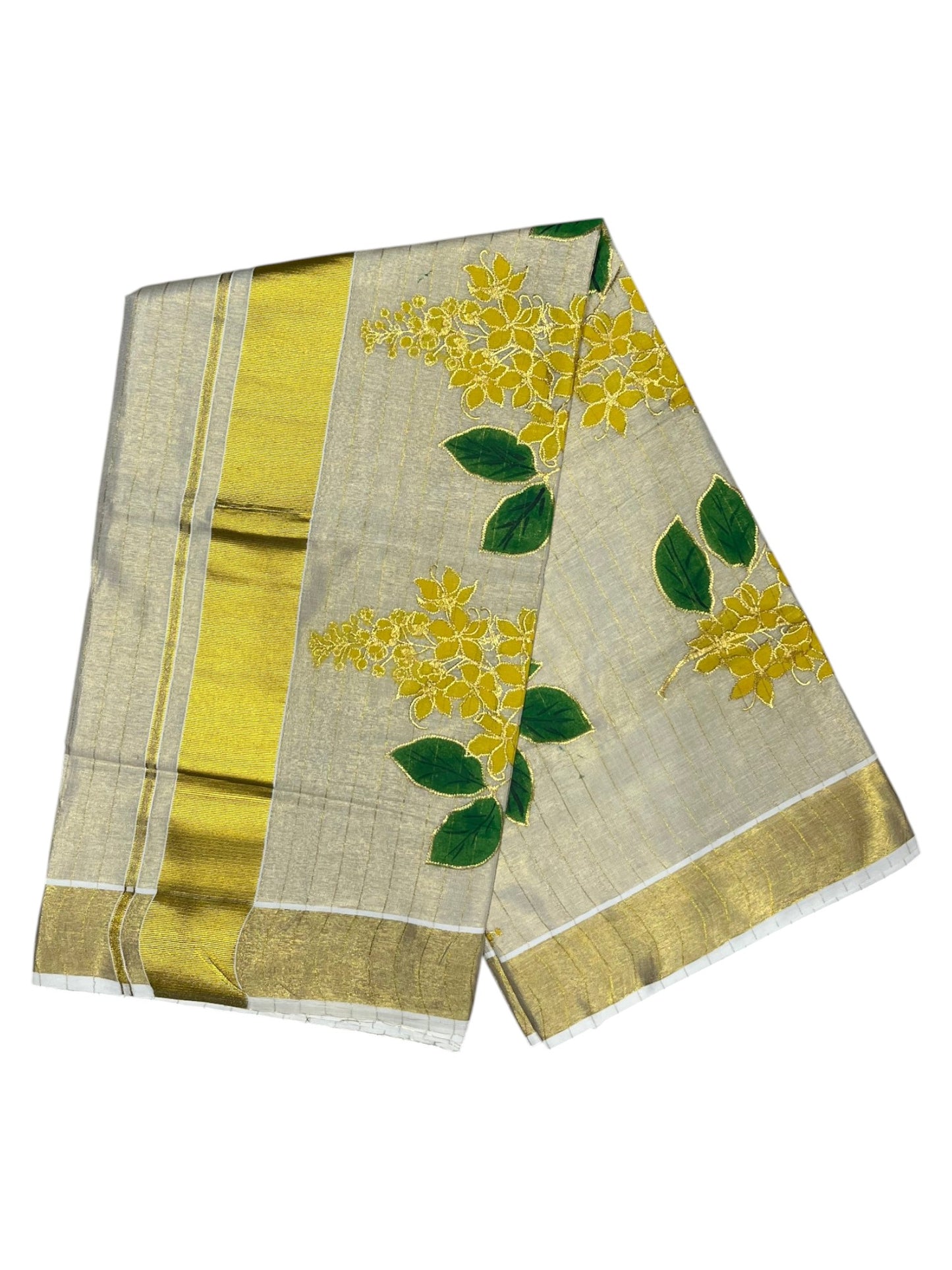 Southloom Tissue Kerala Kasavu Saree with Kanikonna Embroidery Work on Body