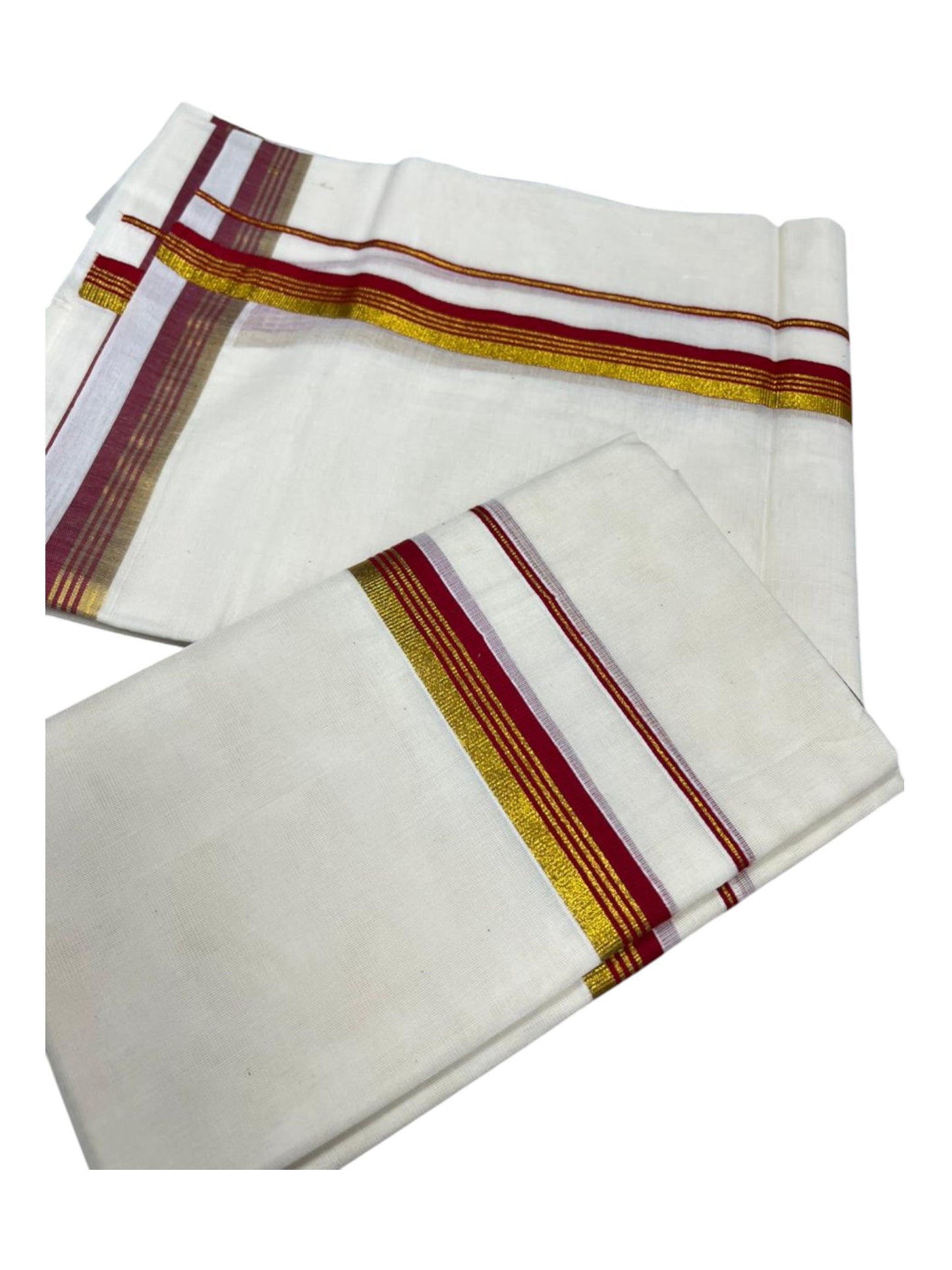 Pure Cotton Kerala Single Set Mundu (Mundum Neriyathum) with Red Kasavu Border in 2.80 Mtrs