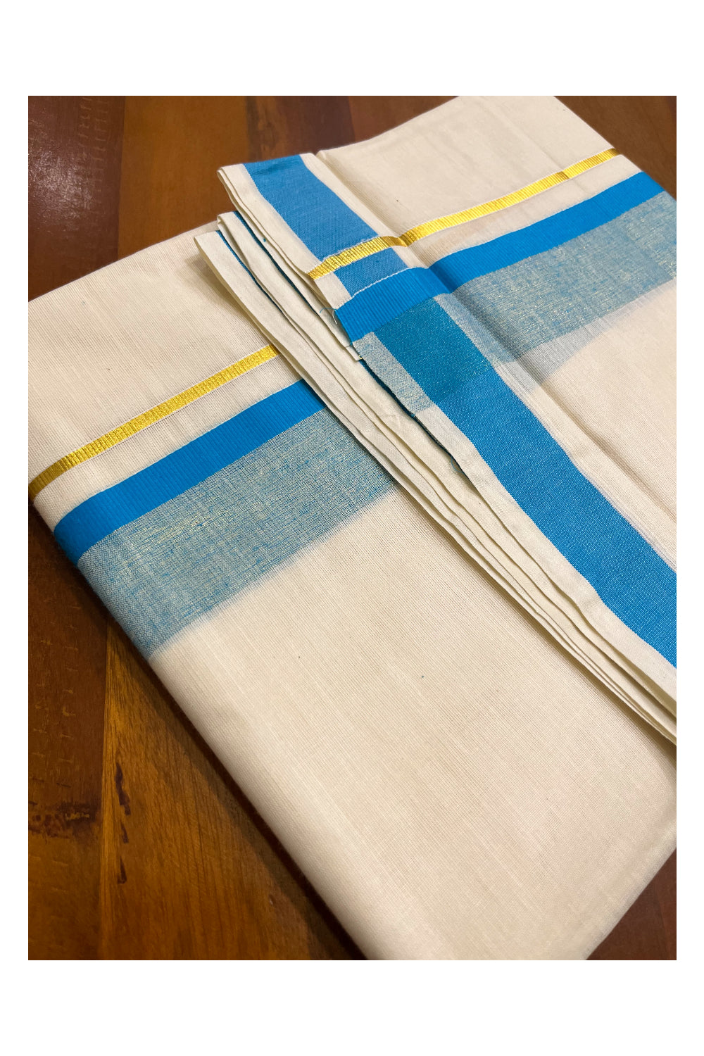 Kerala Pure Cotton Double Mundu with Blue and Kasavu Border (South Indian Kerala Dhoti)