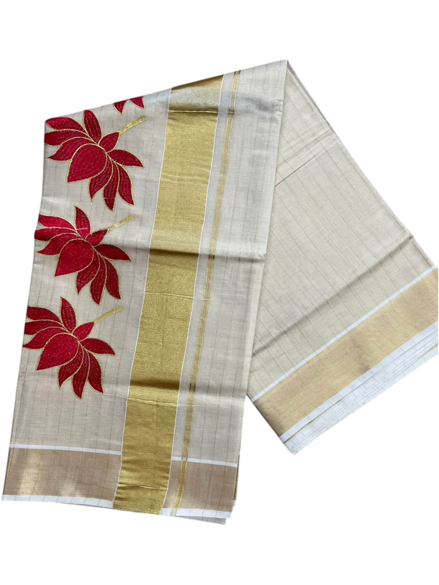 Southloom Kerala Tissue Kasavu Saree with Lotus Embroidery Works on Body in Red SL557