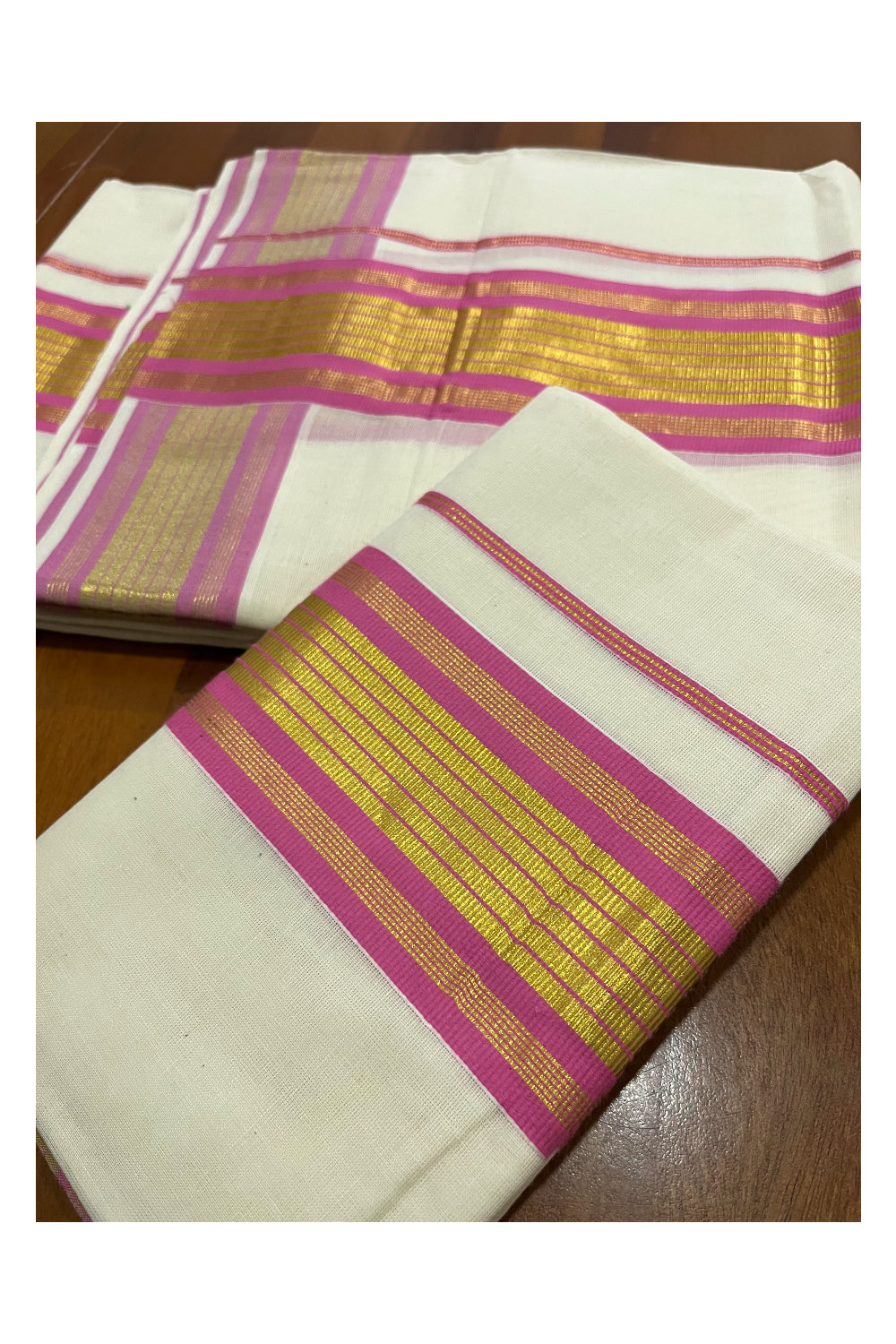 Pure Cotton Mundum Neriyathum Double (Set Mundu) with Pink and Kasavu Border 2.80 Mtrs