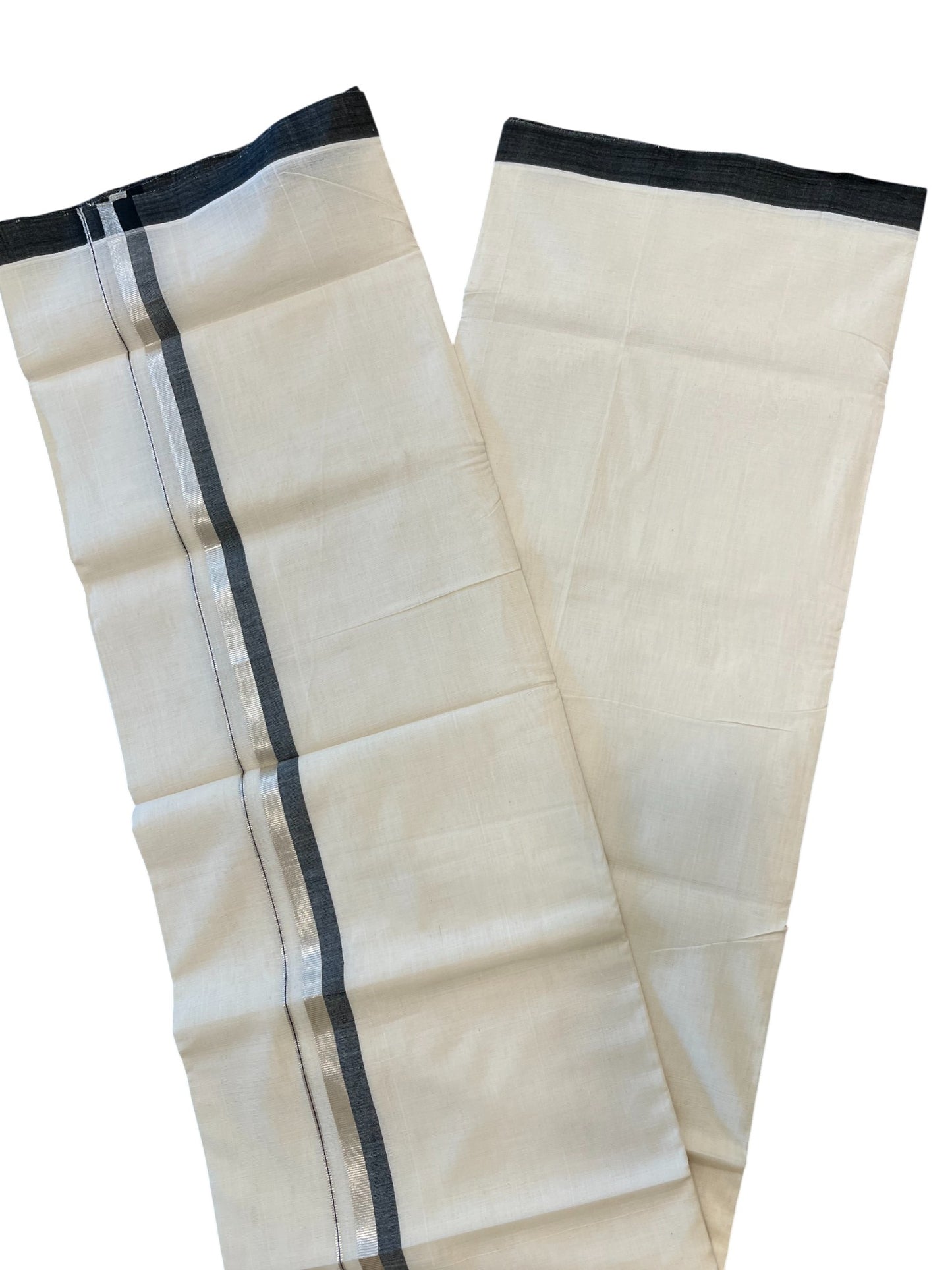 Southloom Premium Handloom Cotton Double Mundu with Silver and Black Border