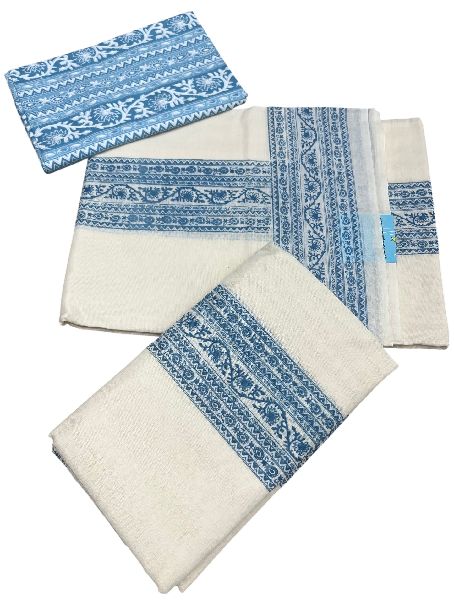 Southloom Blue Block Printed Set Mundu with Blouse Piece 2.80Mtrs