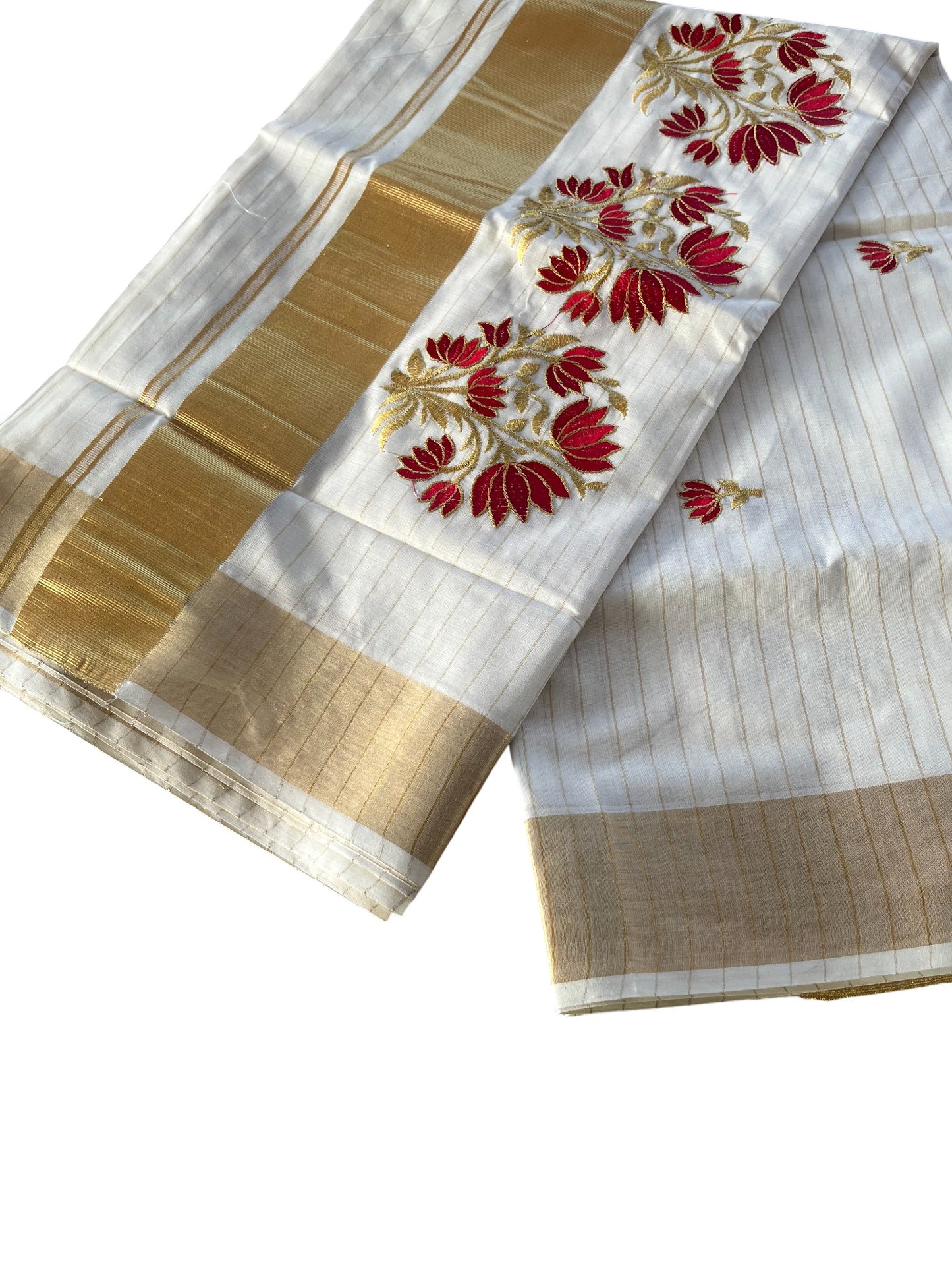 Southloom Kerala Cotton Stripes Kasavu Saree With Gold & Red Embroidery Work On Body