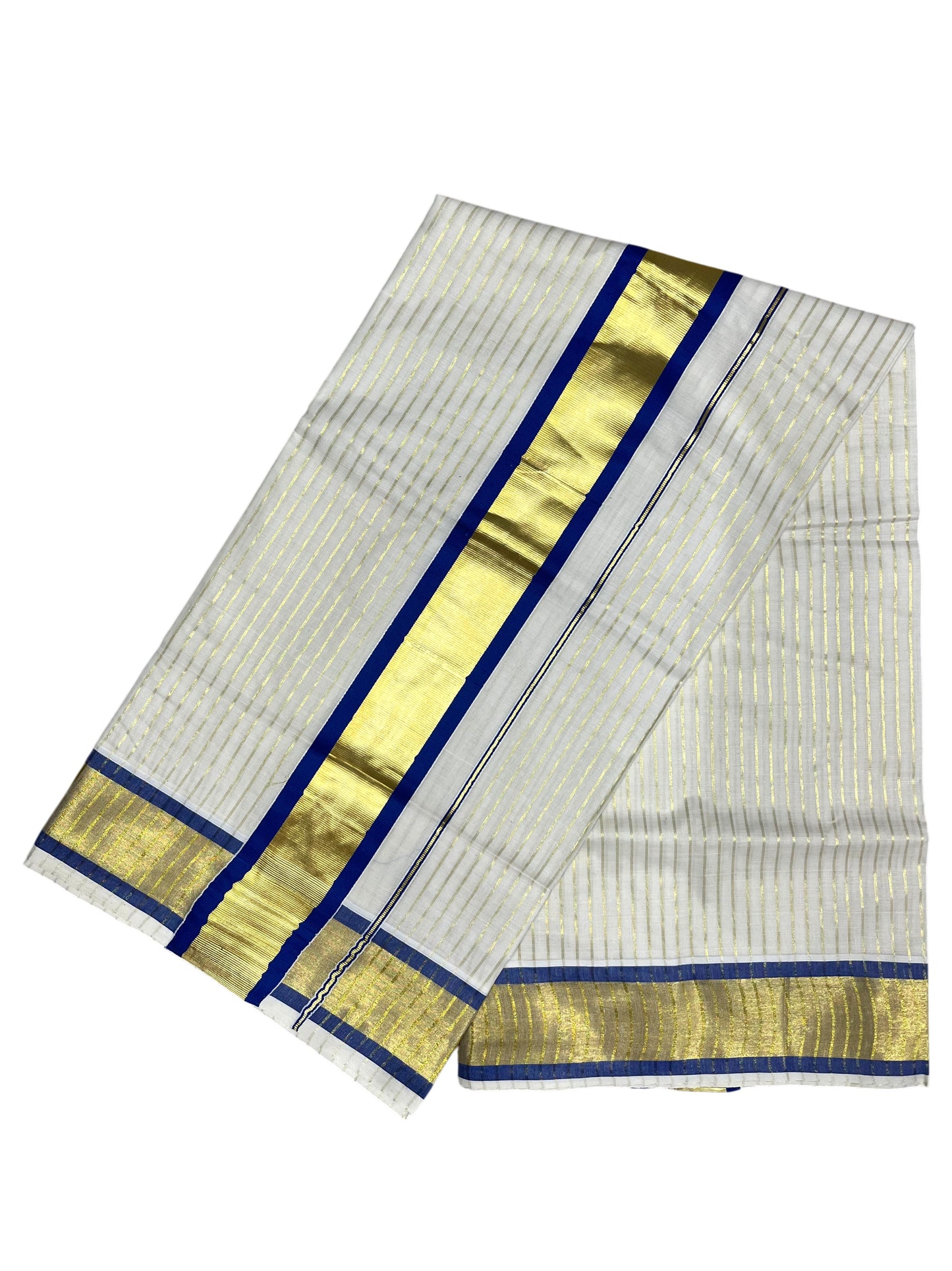 Southloom Pure Cotton Kerala Saree with Gold Kasavu Lines Across Body and Blue Border