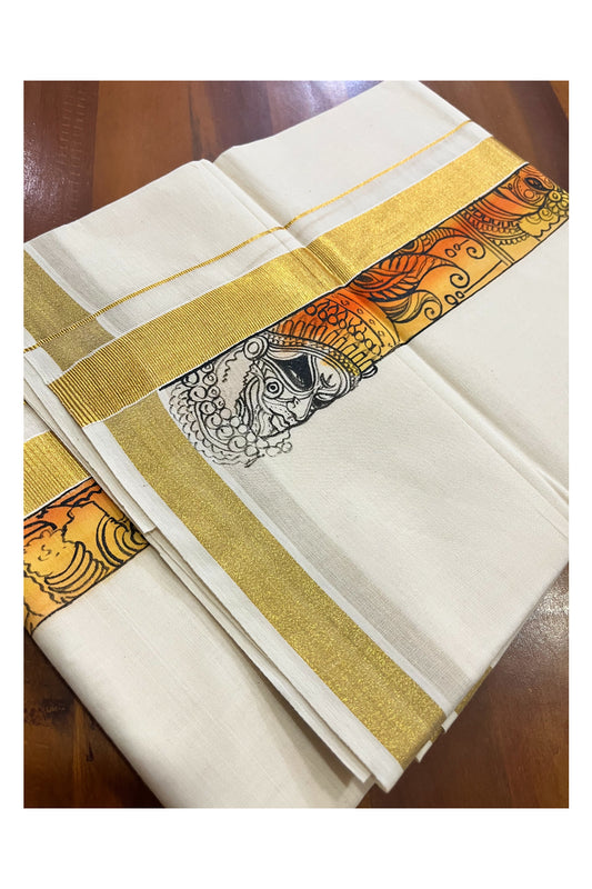 Pure Cotton Kerala Double Mundu with Hand Painted Designs on Kasavu Border (Vishu Collection 2024)