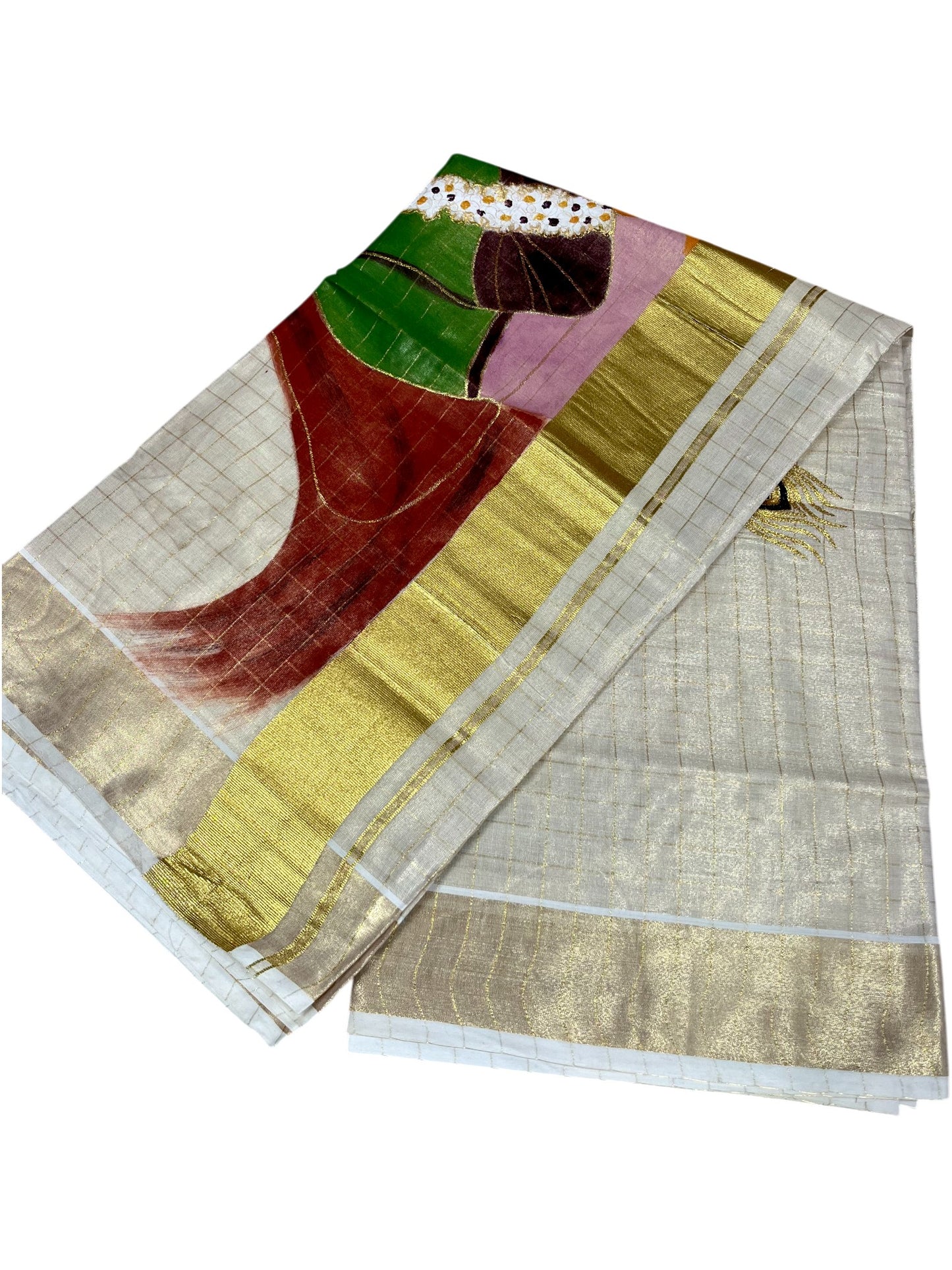 Southloom Tissue Kerala Kasavu Check Saree with Hand Painted Embroidery Krishna & Yashodha Desig SL283