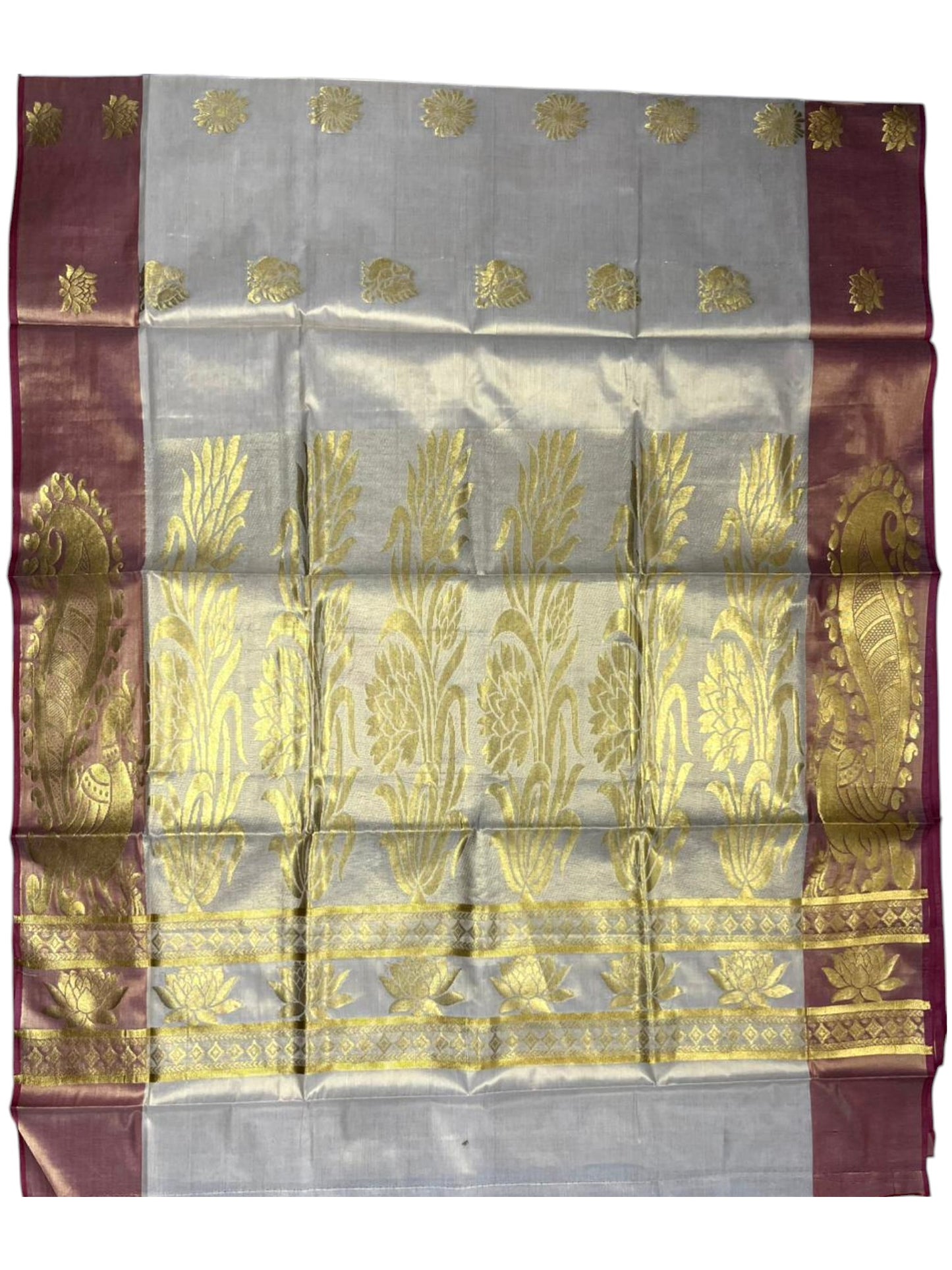 Southloom  Kerala Tissue Kasavu Heavy Work Saree with Peacock Design And Red Border SL483