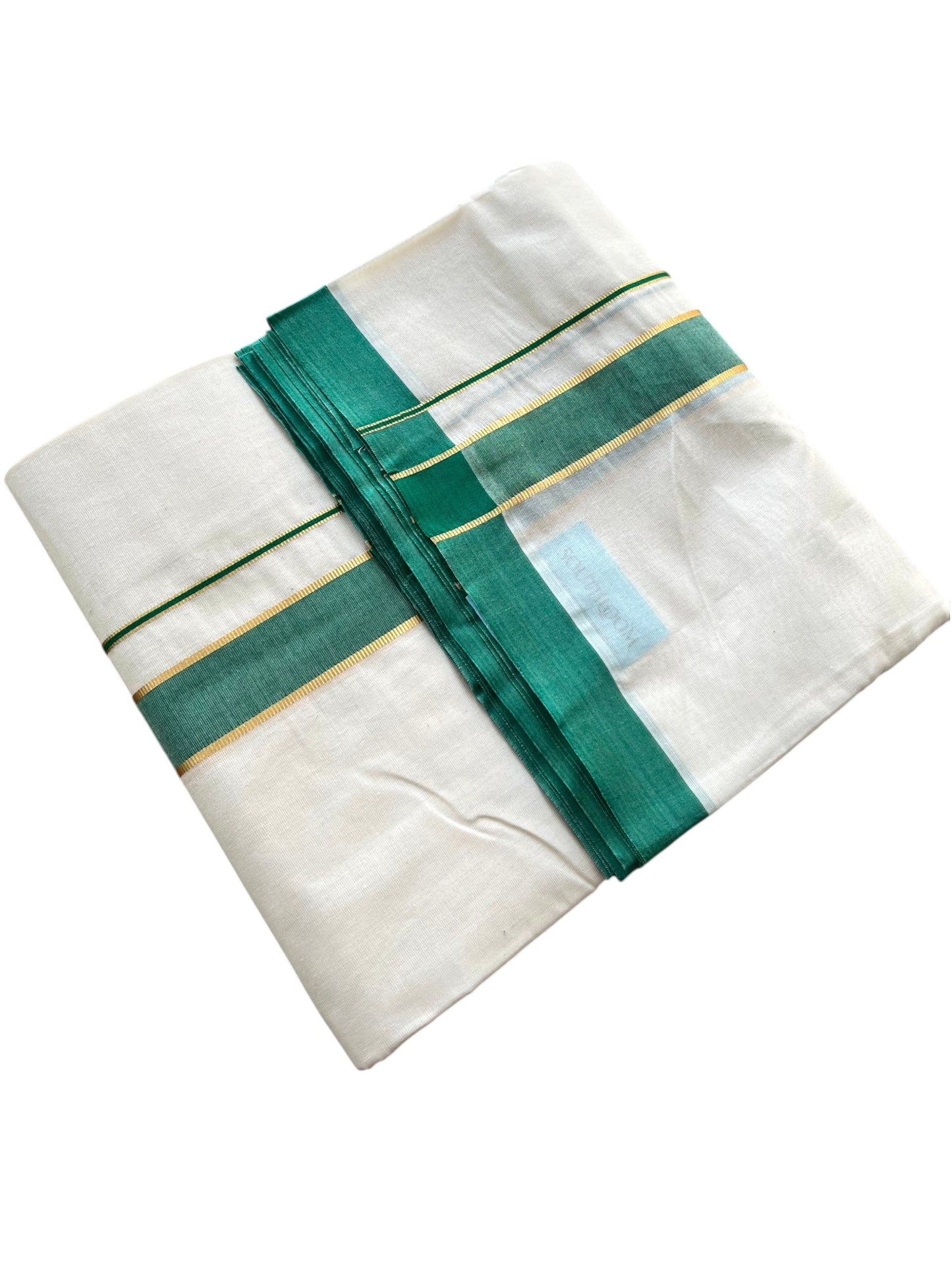 Southloom Pure Cotton Mundu with Golden Lines and Green Border (South Indian Kerala Dhoti)
