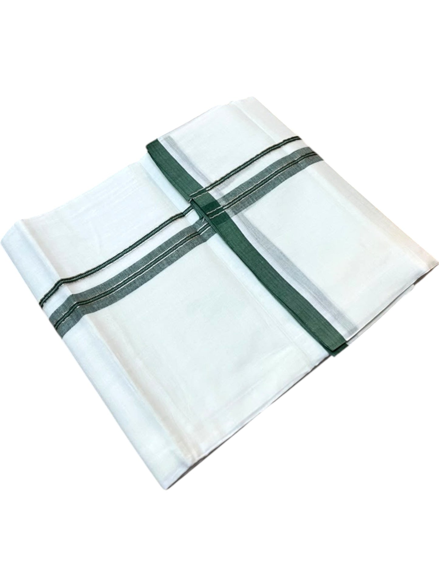 Southloom Pure White Cotton Mundu with Green & Silver Line Border (South Indian Kerala Dhoti)