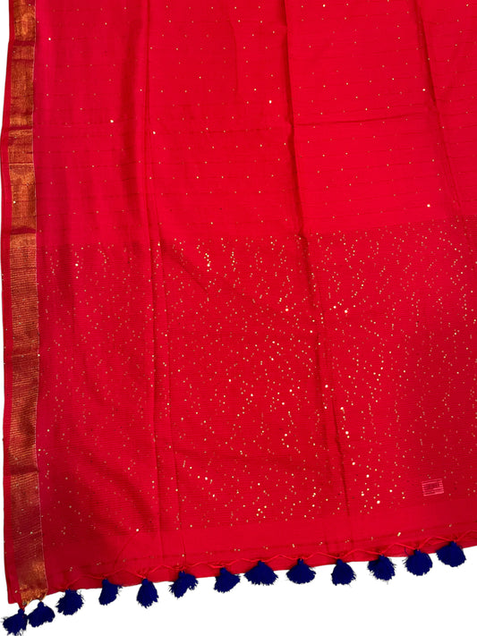 Southloom Mul Cotton 120 x 120 Soft Fabric Onam Saree in Red with Sequins Work