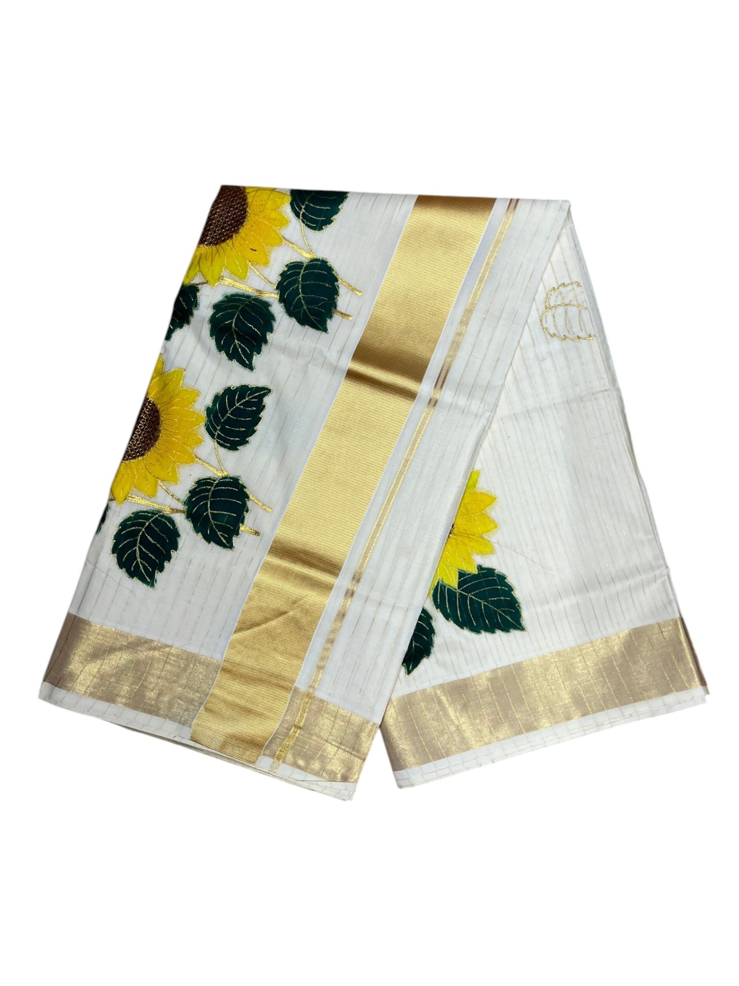 Southloom Kerala Cotton Kasavu Lines Saree with Embroidery Work in Yellow Floral Print