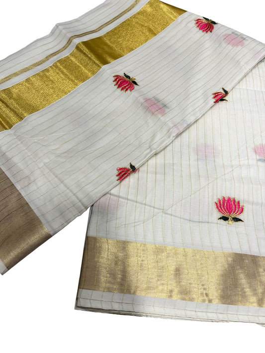 Southloom Kerala Cotton Kasavu Line Saree with Pink Lotus Embroidery Works