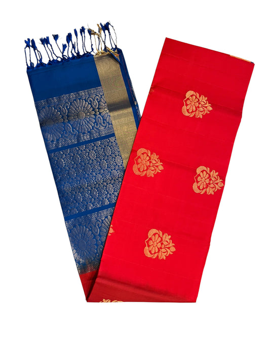 Southloom Pure Handloom Kanchipuram Silk Saree with Butta Work (Blue & Red)