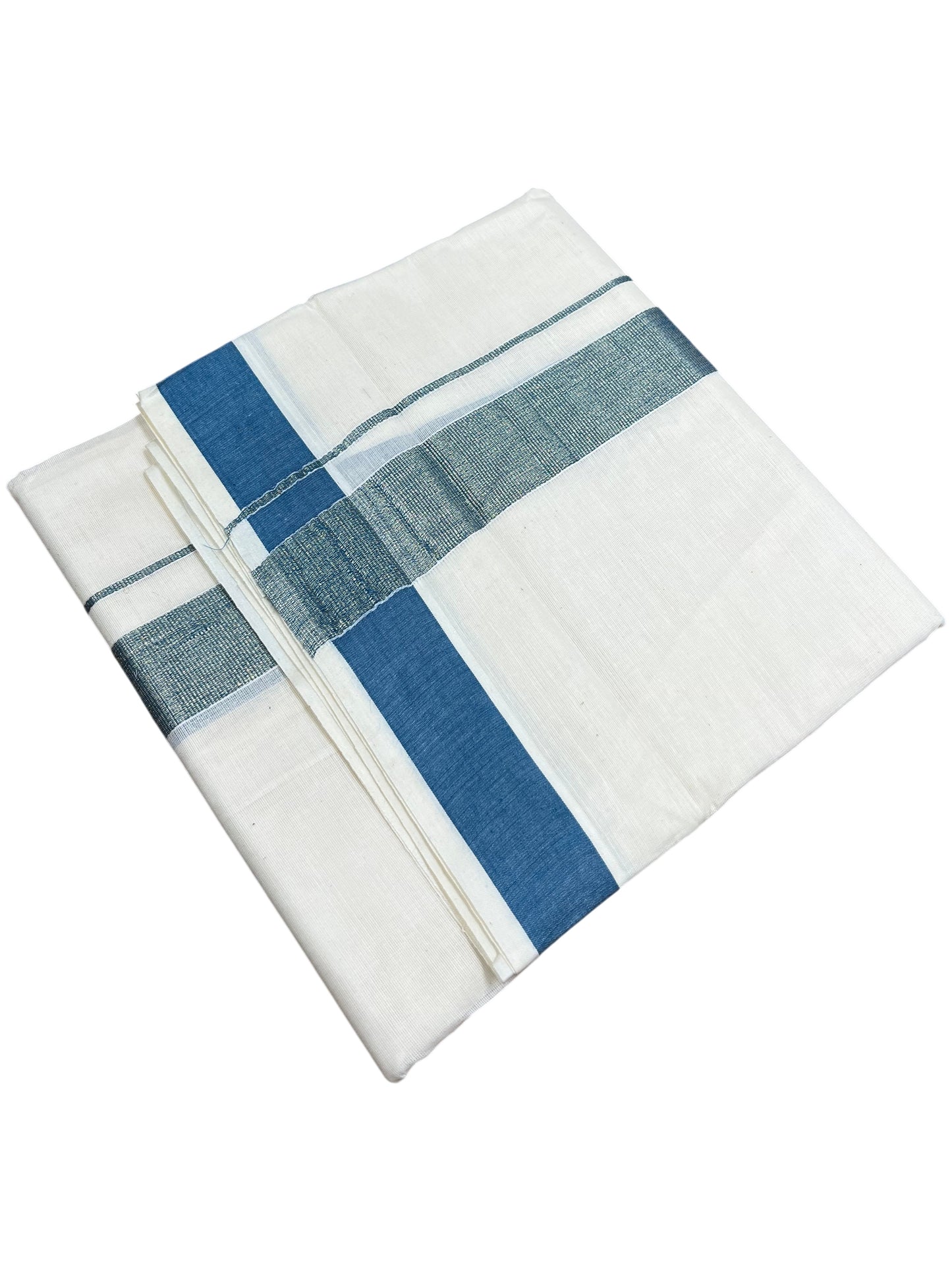 Southloom Kerala Pure Cotton Double Mundu with Blue Border (South Indian Dhoti)