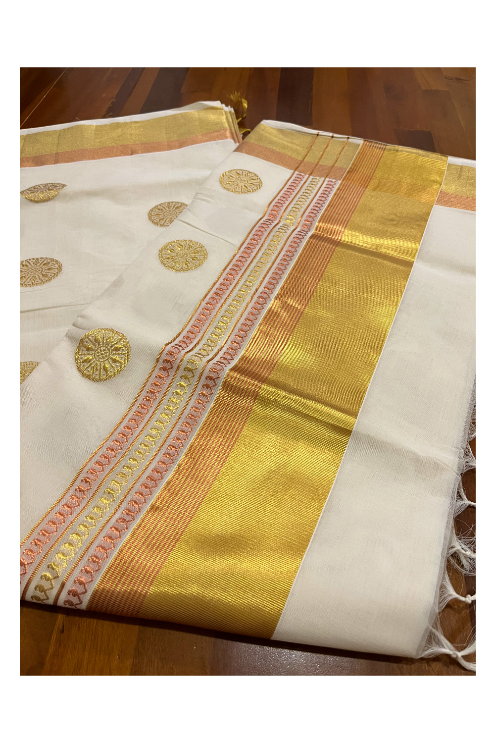 Southloom Premium Handloom Cotton Golden and Copper Kasavu Saree with Woven Designs on Body