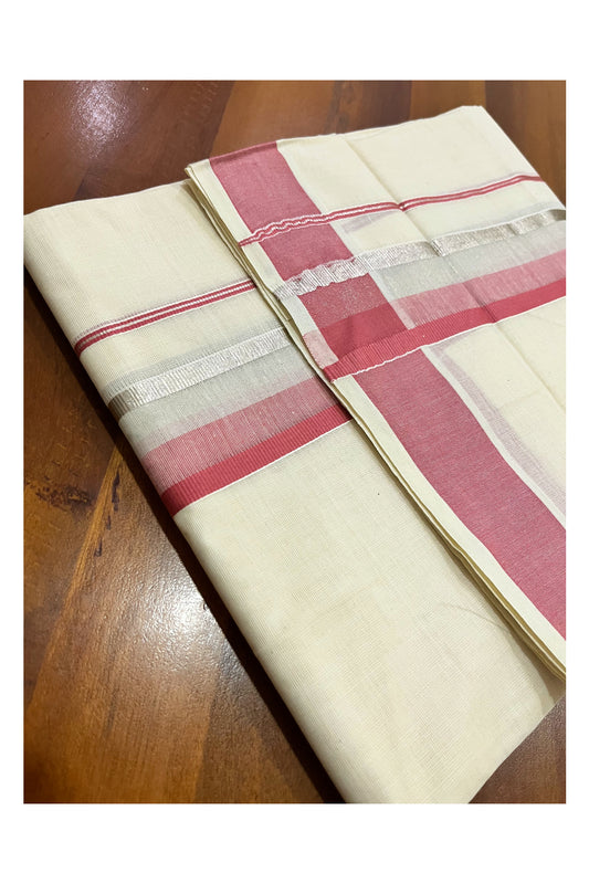 Kerala Pure Cotton Double Mundu with Brick Red and Silver Kasavu Border (South Indian Kerala Dhoti)