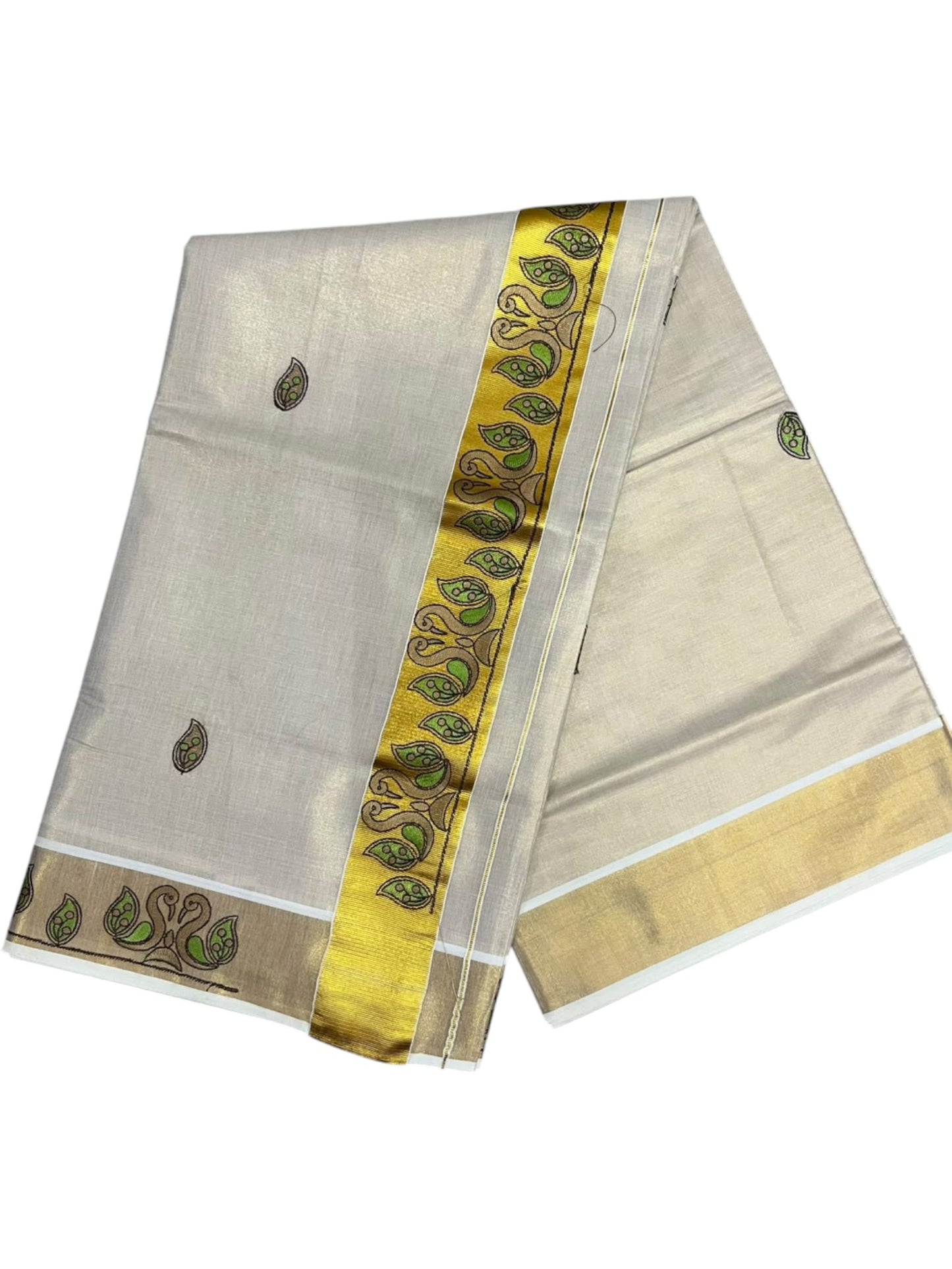 Southloom Tissue Kerala Kasavu Saree with Peacock Embroidery Design On Border