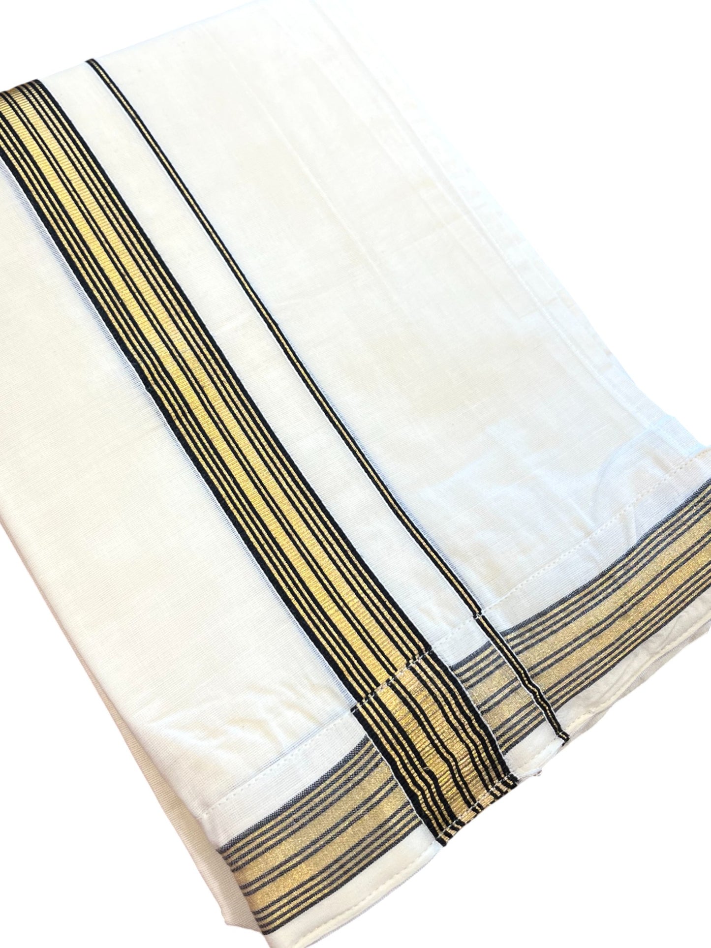 Southloom Off White Pure Cotton VELCRO Single Mundu with Gold Kasavu and Black Border (South Indian Kerala Dhoti)