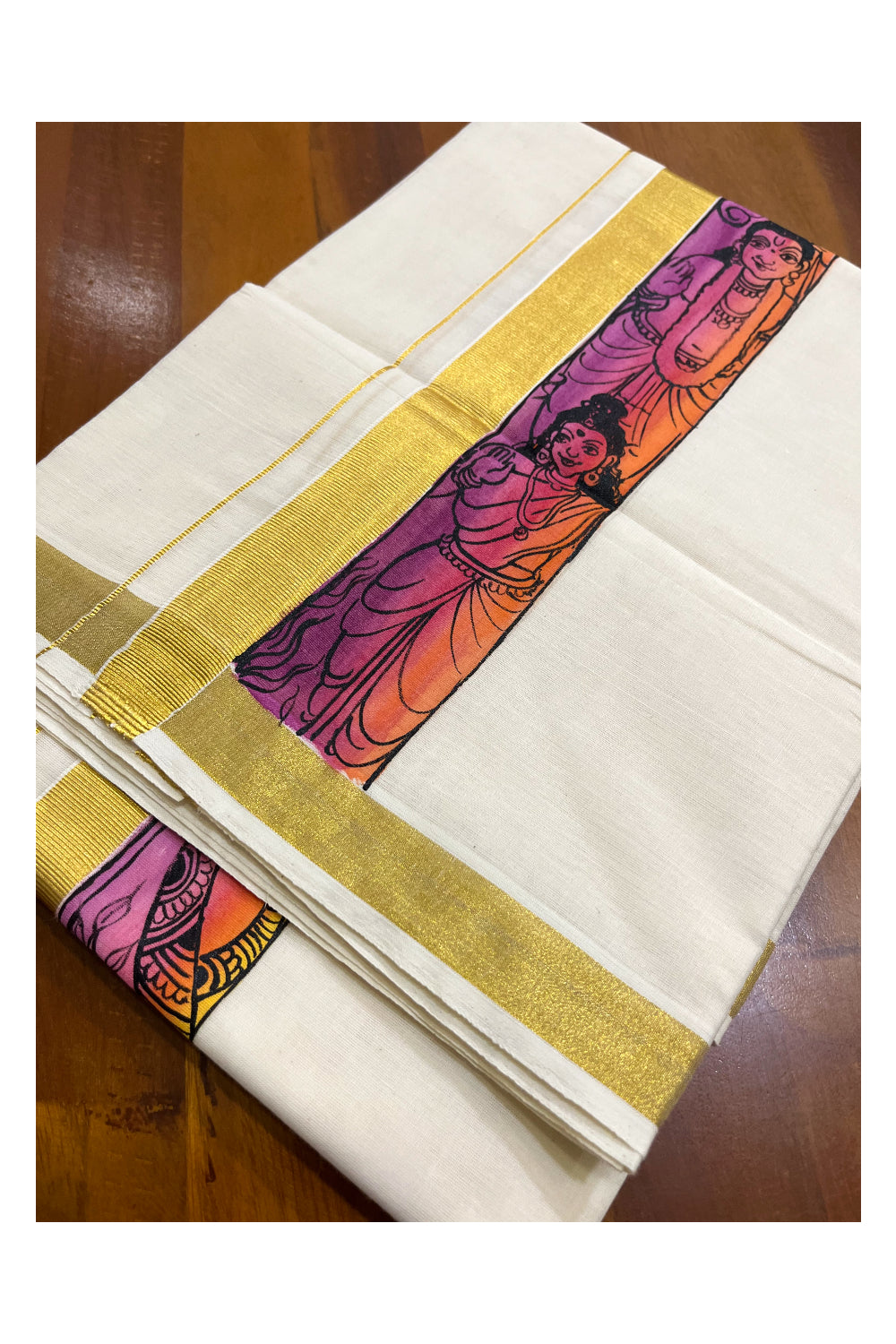 Kerala Pure Cotton Double Mundu with Mural Hand Painted Design on Kasavu Border (South Indian Kerala Dhoti)