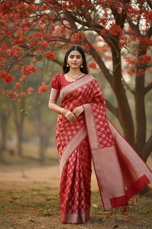 Southloom Pure Banarasi Silk Saree with Woven Work on Body and Borders (Red)
