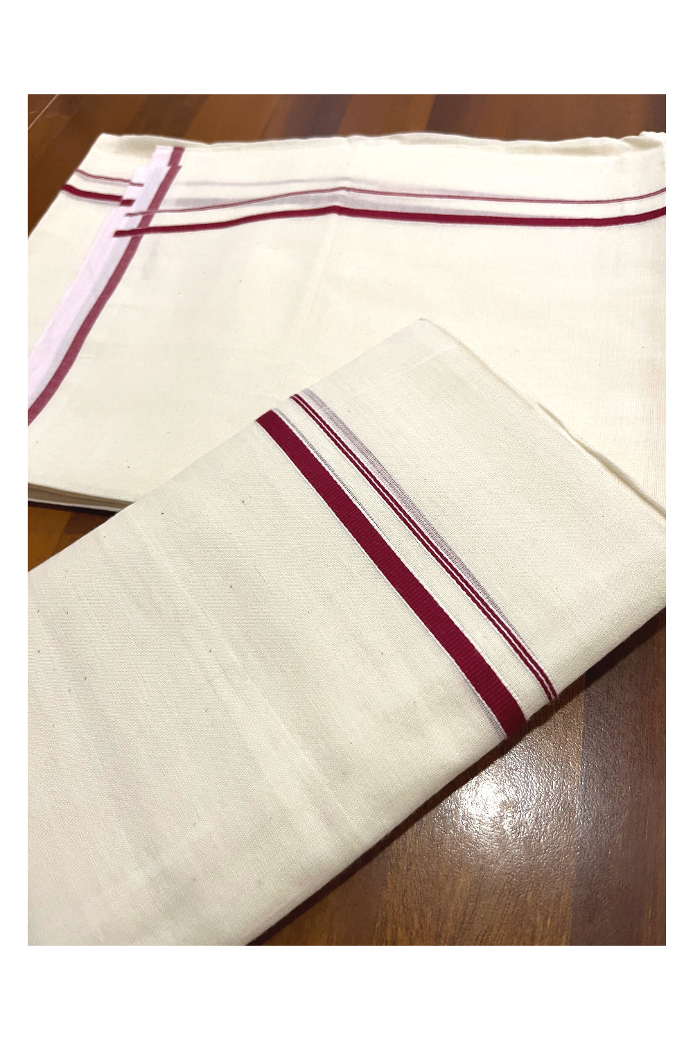 Kerala Cotton Set Mundu (Mundum Neriyathum) with Maroon Thin Border 2.75 Mtrs