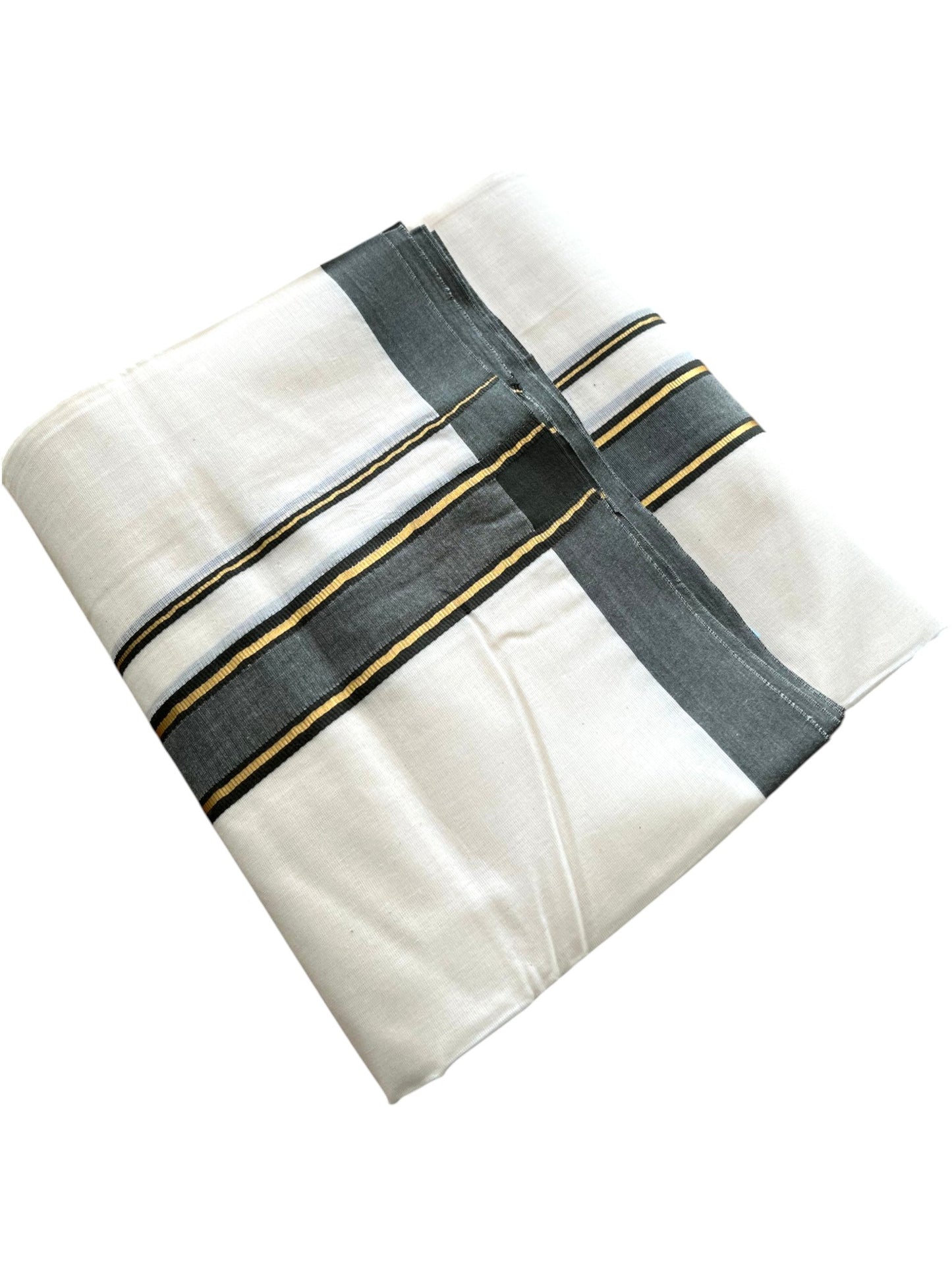 Southloom Pure Cotton Mundu with Golden Lines and Gray Border (South Indian Kerala Dhoti)
