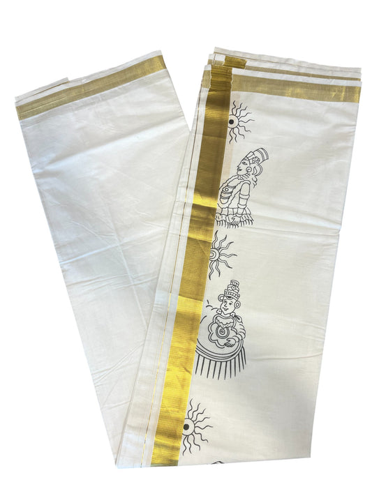 Southloom Pure Cotton Kasavu Double Mundu with Theyyam Print (South Indian Kerala Dhoti)