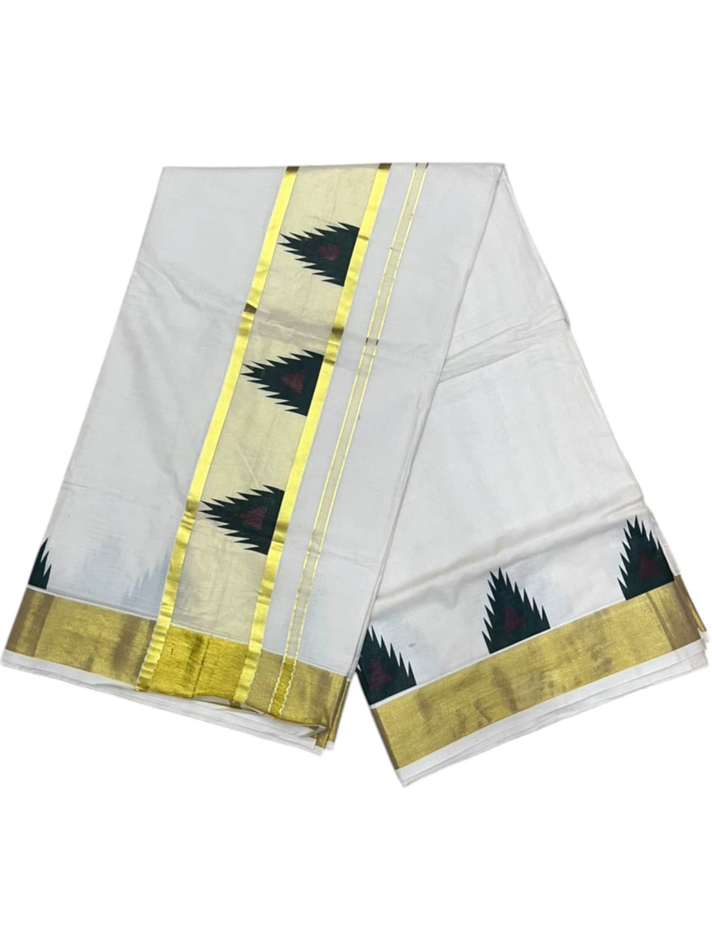 Southloom Cotton Kerala Kasavu Saree with Temple Digital Print In Green and Maroon Borders SL369