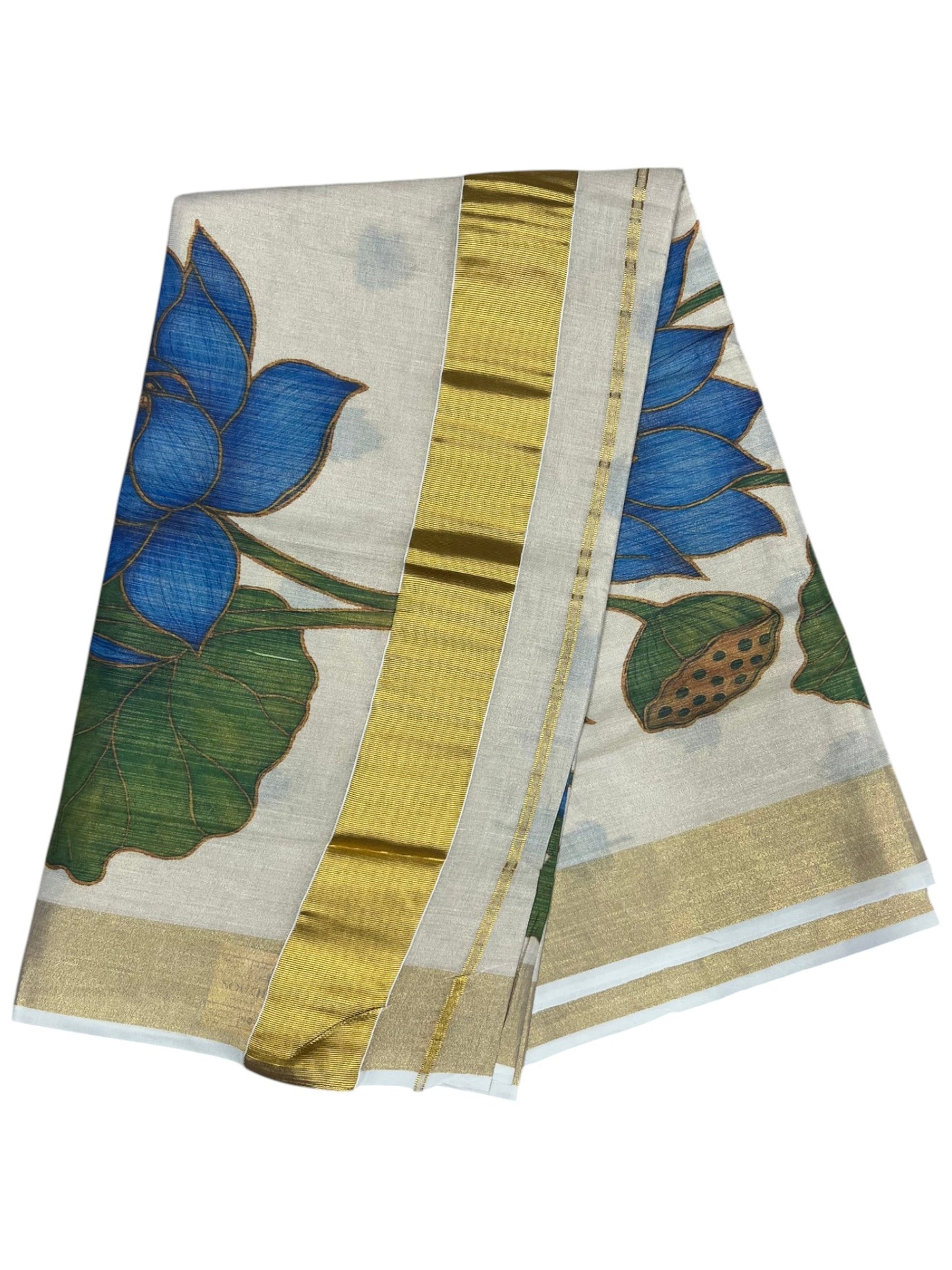 Southloom Kerala Tissue Kasavu Saree with  Blue Lotus Digital Prints on Border