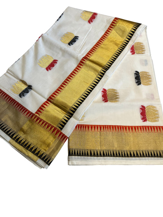 Southloom Super Premium Balaramapuram Unakkupaavu Handloom Cotton Saree with Lotus Woven Work on Body with Temple Border