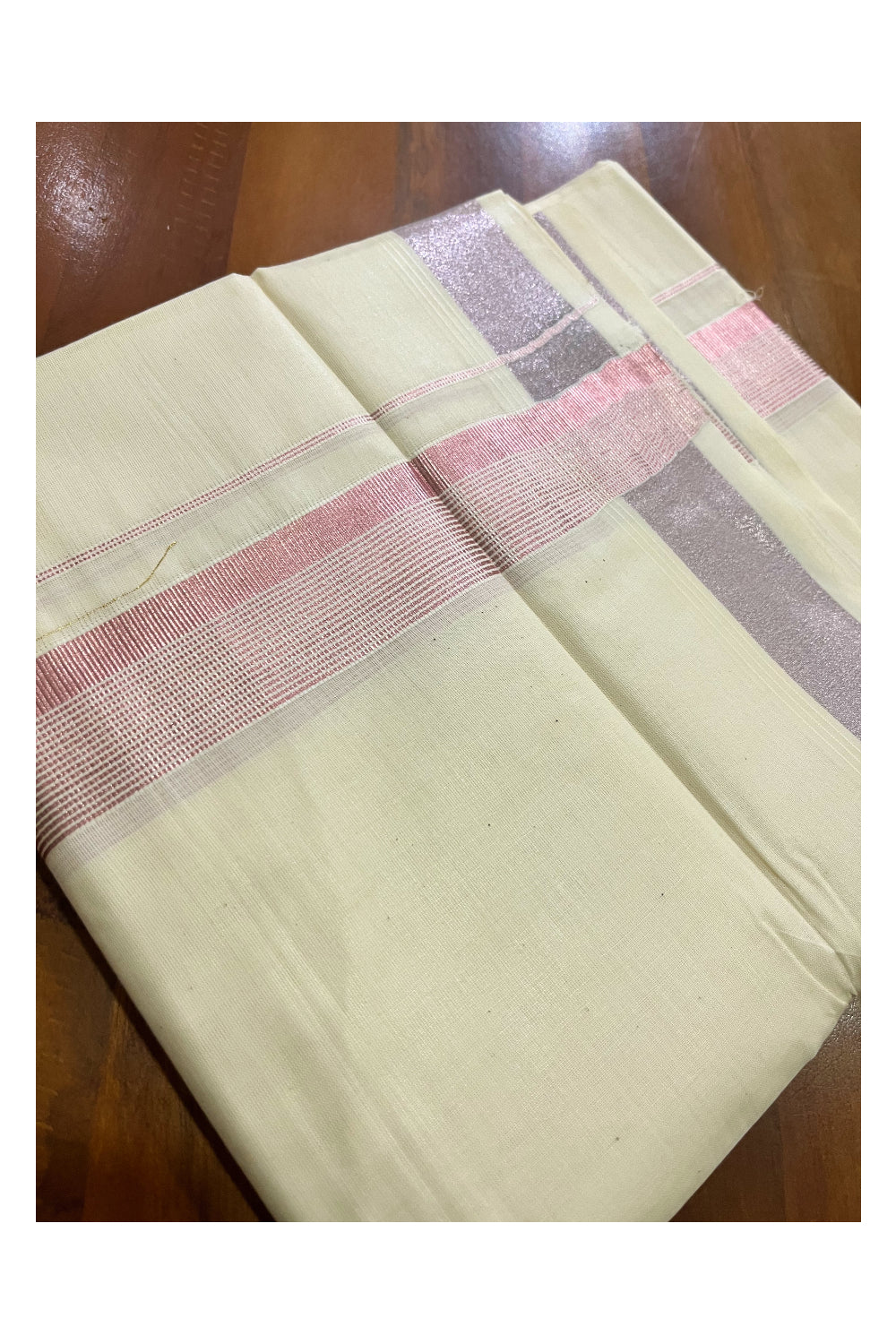 Pure Cotton Kerala Double Mundu with Rose Copper Kasavu Border (South Indian Kerala Dhoti)