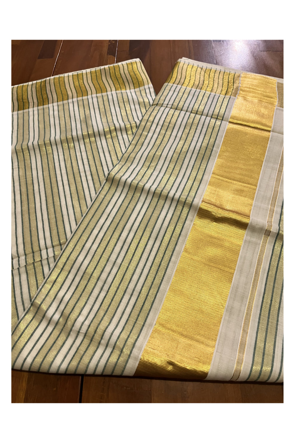 Pure Cotton Kerala Kasavu Saree with Lines Designs on Body and Green Lines on Munthani