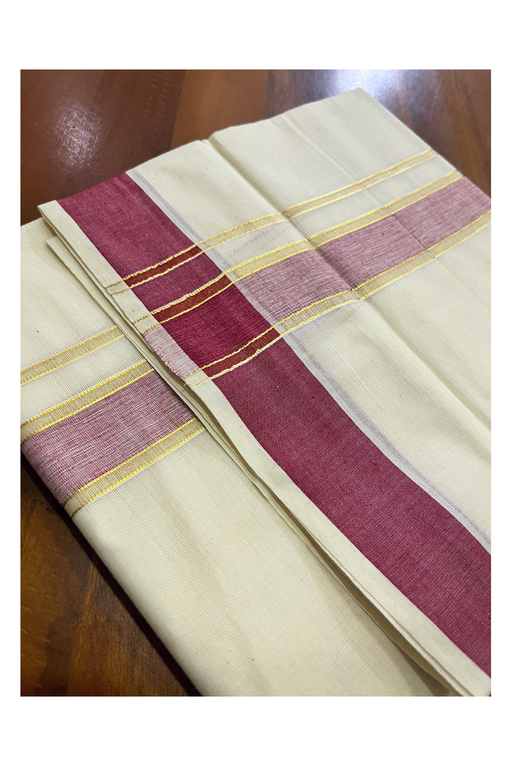 Off White Kerala Cotton Double Mundu with Kasavu and Maroon Border (South Indian Kerala Dhoti)