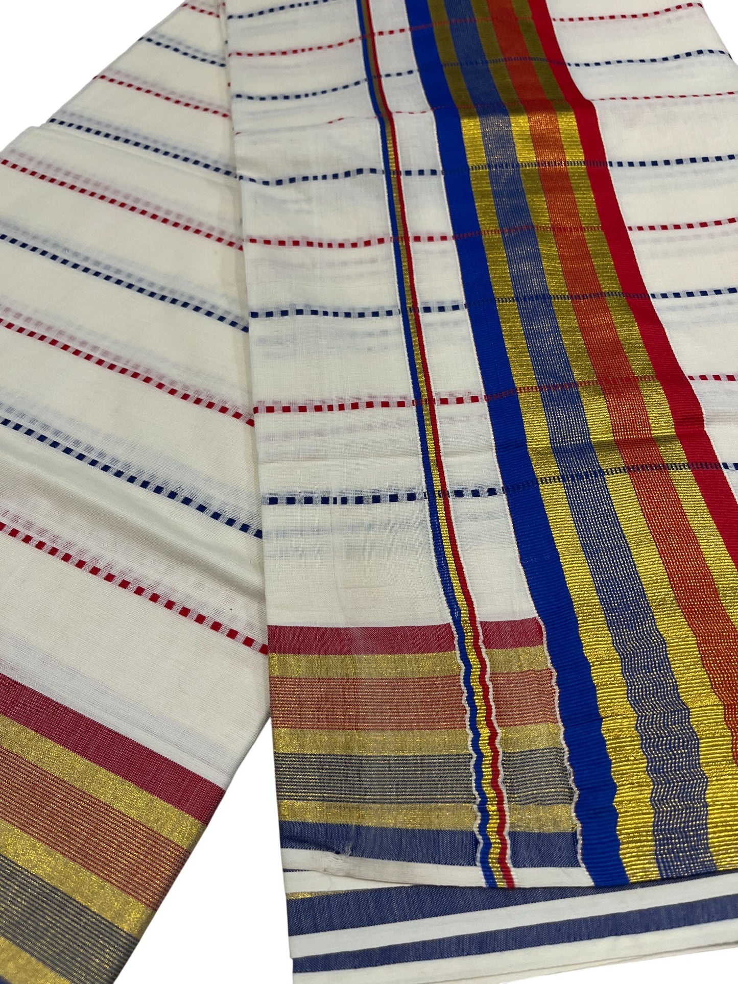 Southloom Cotton Kasavu Saree with Blue and Red Thread Work Across Body