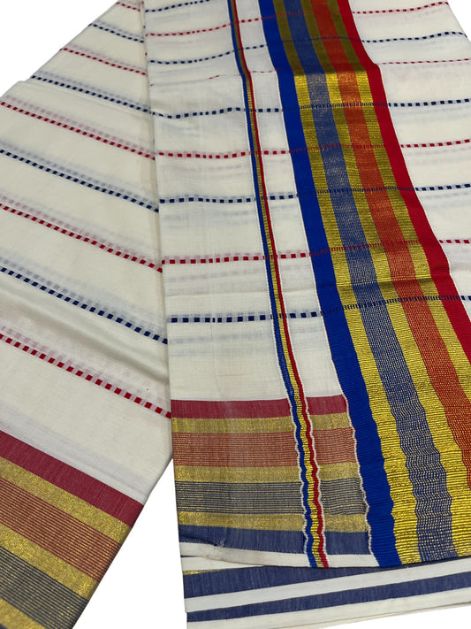 Southloom Cotton Kasavu Saree with Blue and Red Thread Work Across Body