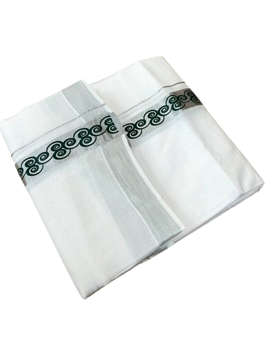 Southloom Pure White Cotton Mundu with Green and Silver Kasavu Border (South Indian Kerala Dhoti)
