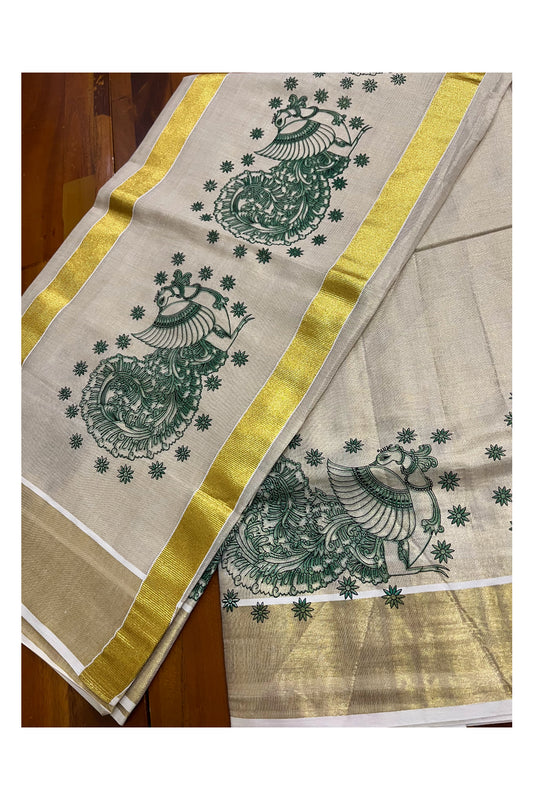 Kerala Tissue Kasavu Saree with Olive Green Peacock Block Printed Designs