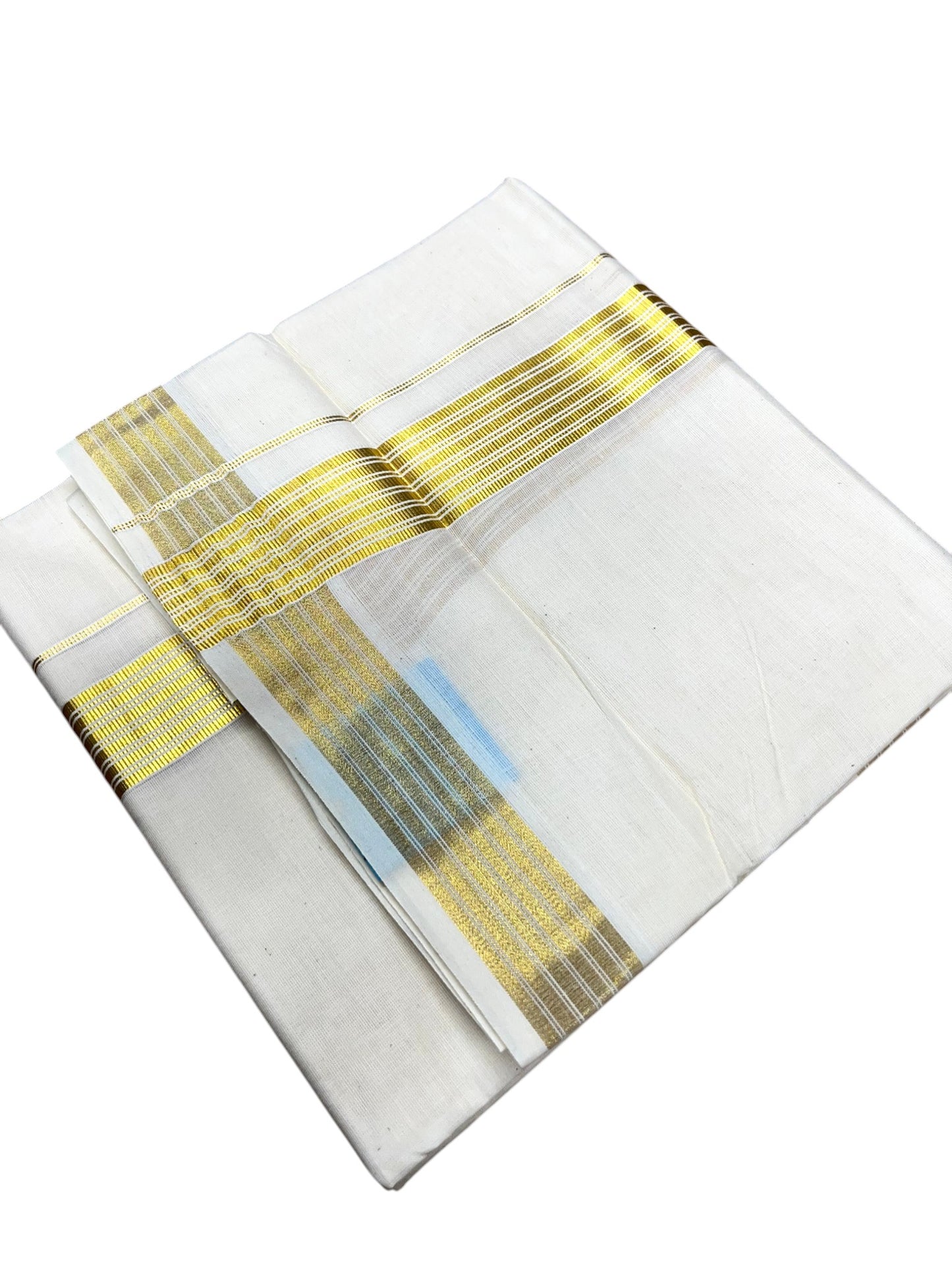 Southloom Kerala Pure Cotton Double Mundu with Gold Kasavu and Border (South Indian Dhoti)