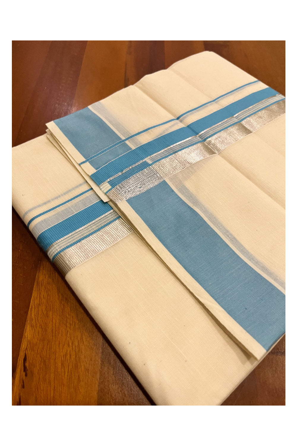 Pure Cotton Kerala Double Mundu with Light Blue and Silver Kasavu Kara (South Indian Kerala Dhoti)