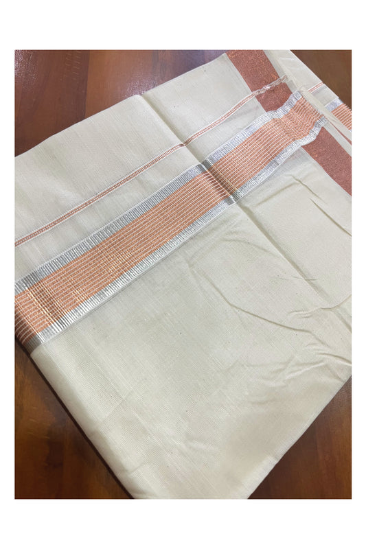 Kerala Pure Cotton Silver Kasavu Double Mundu with Silver and Copper Kasavu Border