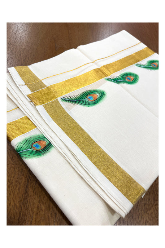 Pure Cotton Kasavu Mundu with Mural Hand Painted Feather Design (South Indian Kerala Dhoti)