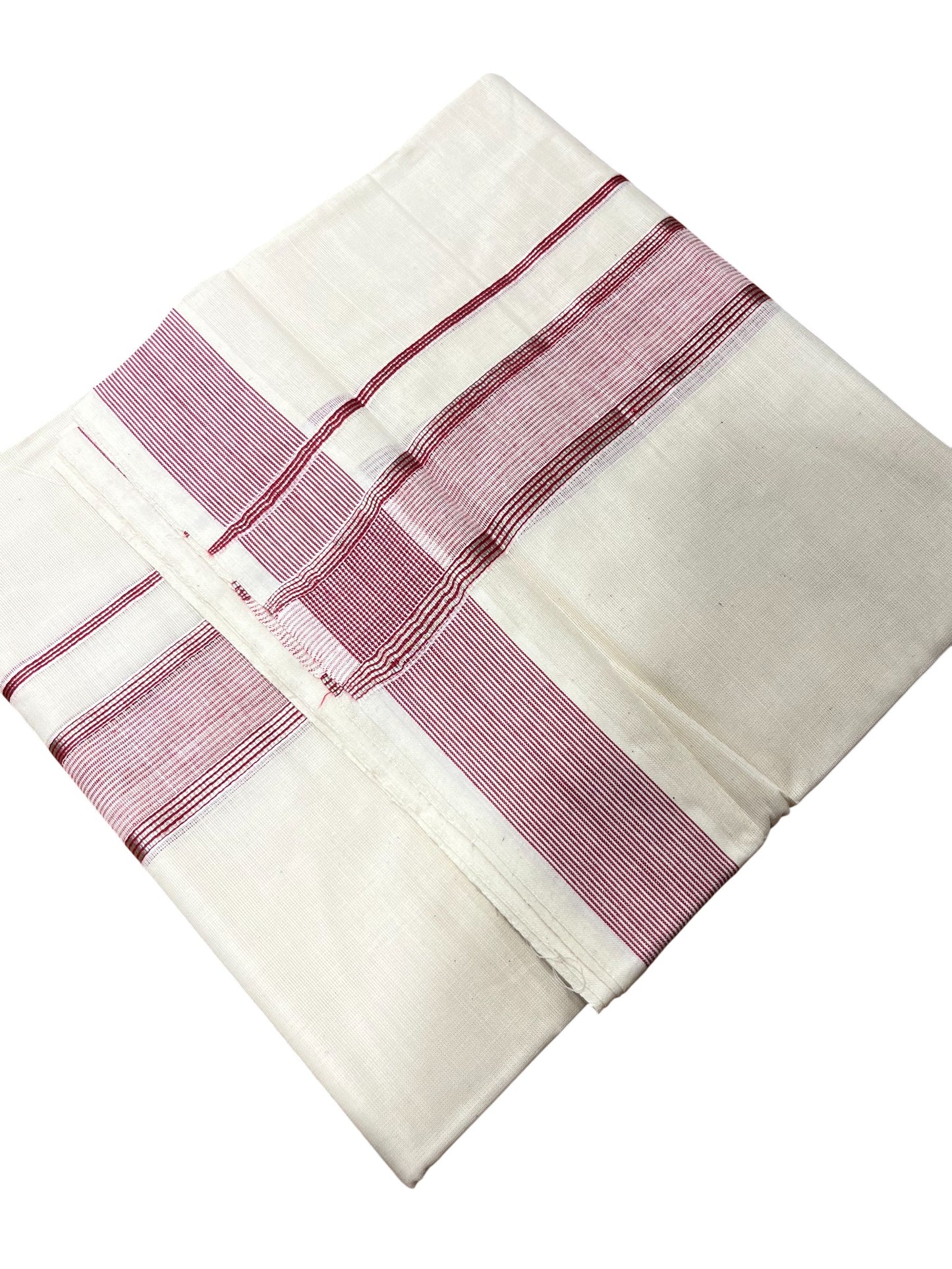 Southloom Kerala Pure Cotton Double Mundu with Silver Lines & Maroon Border (South Indian Dhoti)