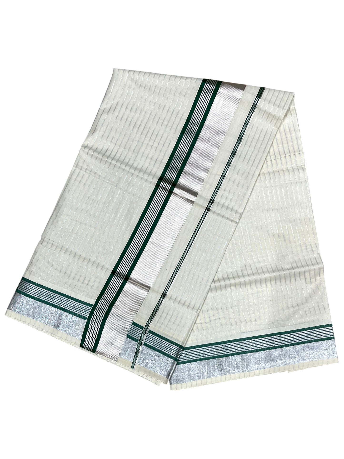 Southloom Pure Cotton Kerala Silver Kasavu Lines Saree with  Green and Silver Border