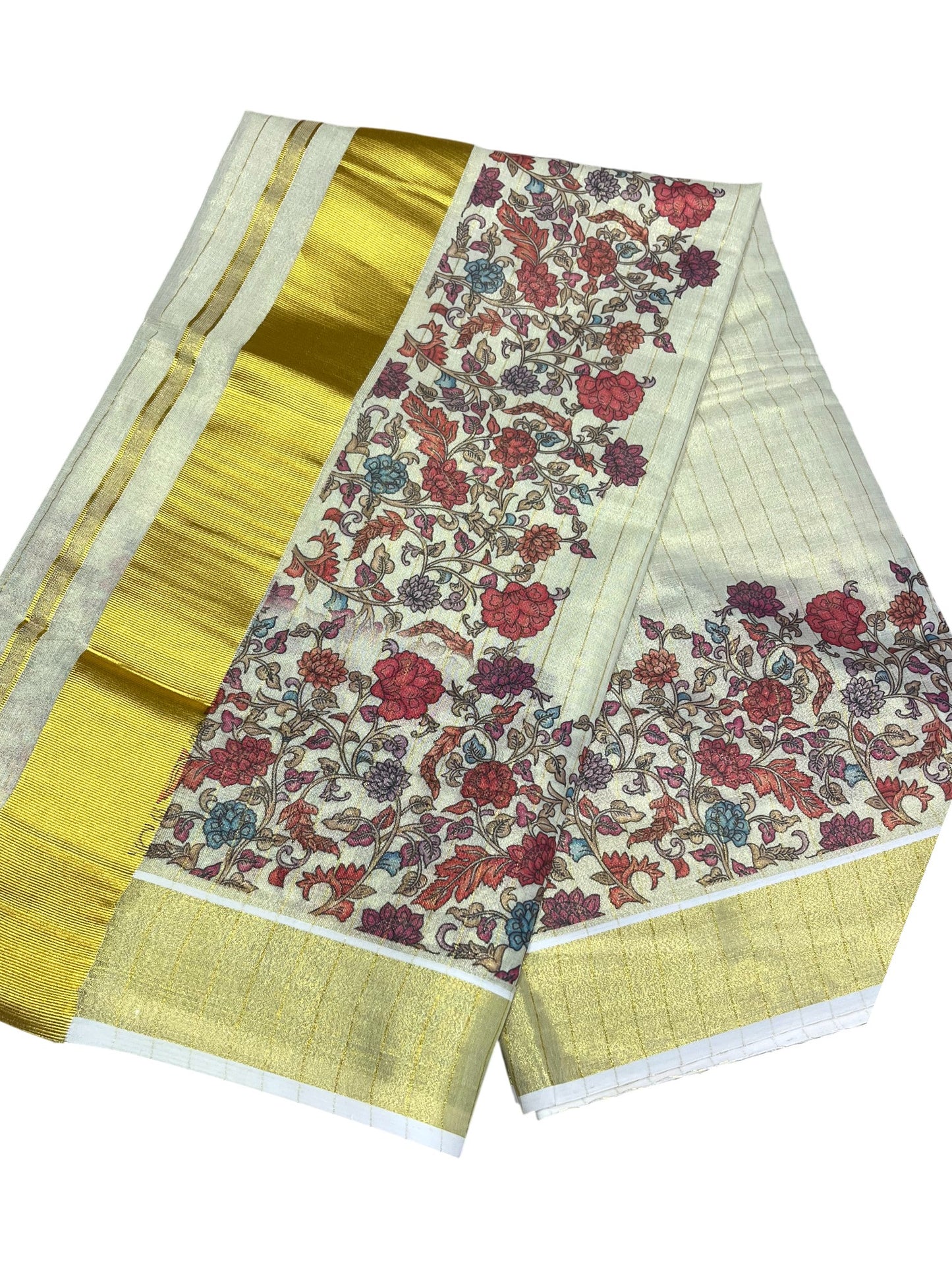 Southloom Tissue Lines Kalamkari Print Kerala Kasavu Saree