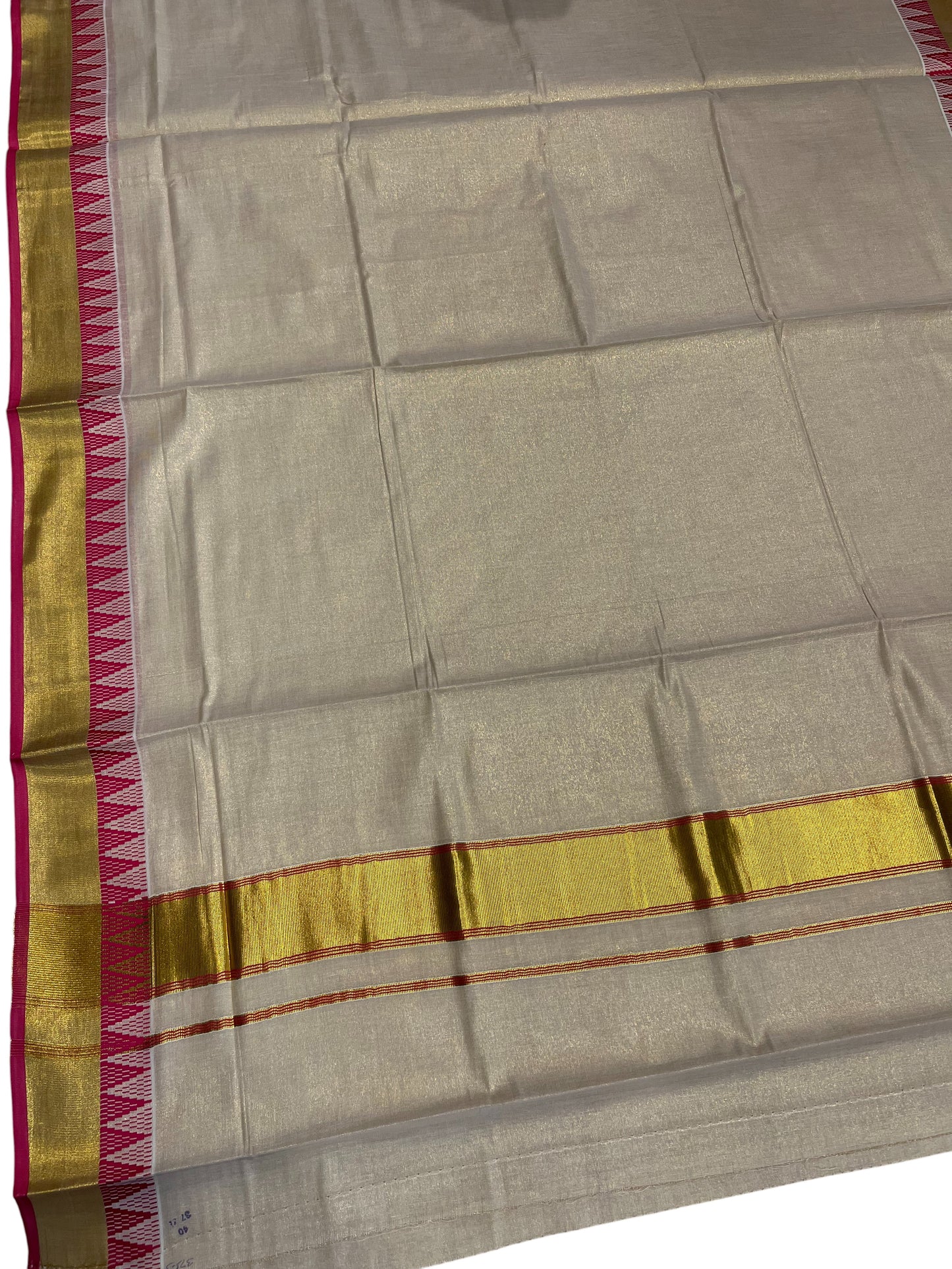 Southloom Kerala Tissue Kasavu Saree With  Tample Design Pink Broder